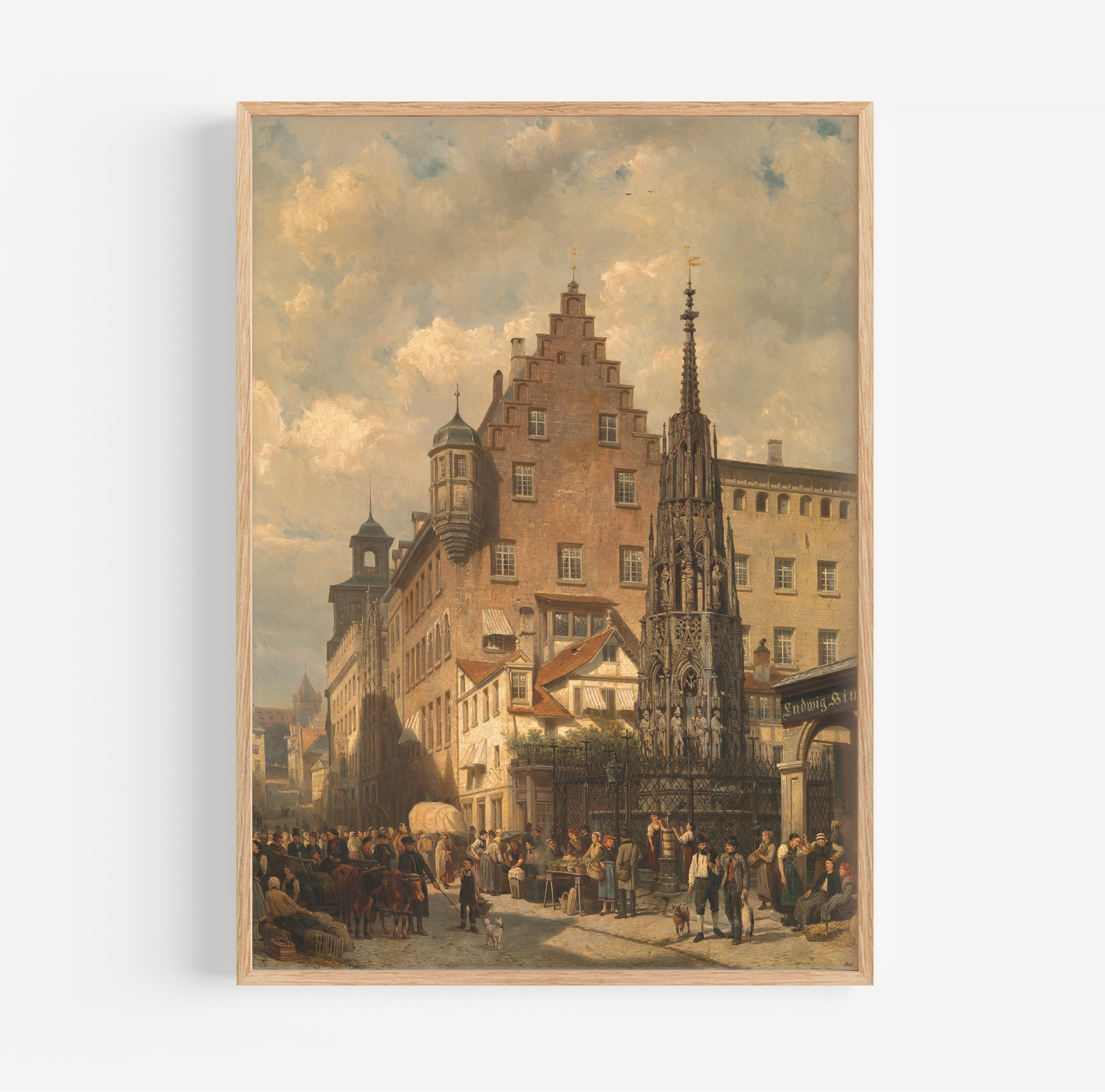 Cornelis Springer - Der Schöne Brunnen in Nuremberg poster van schilderij