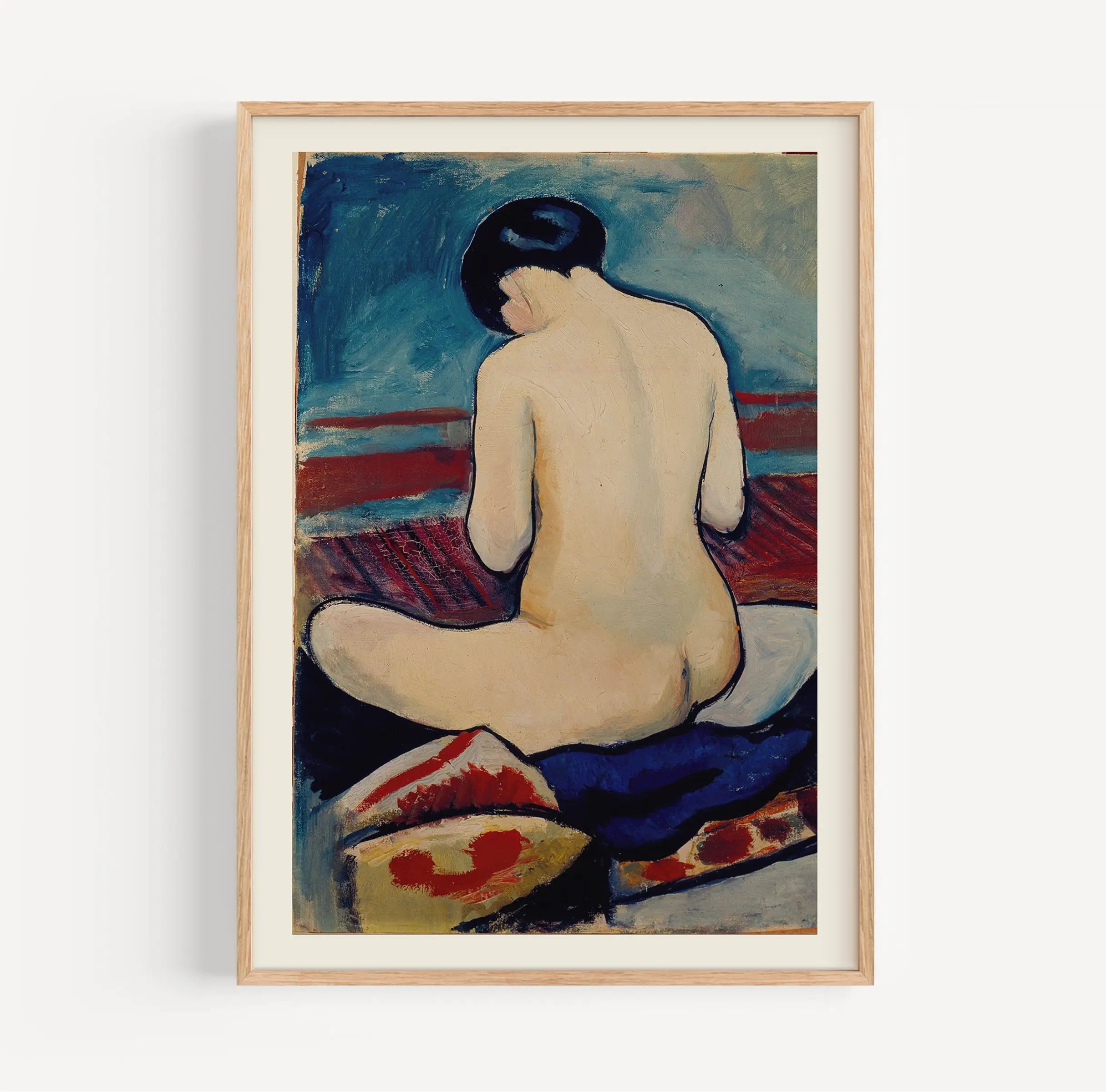 Geleframedes naakt schilderij van August Macke Zittend Naakt op een muur