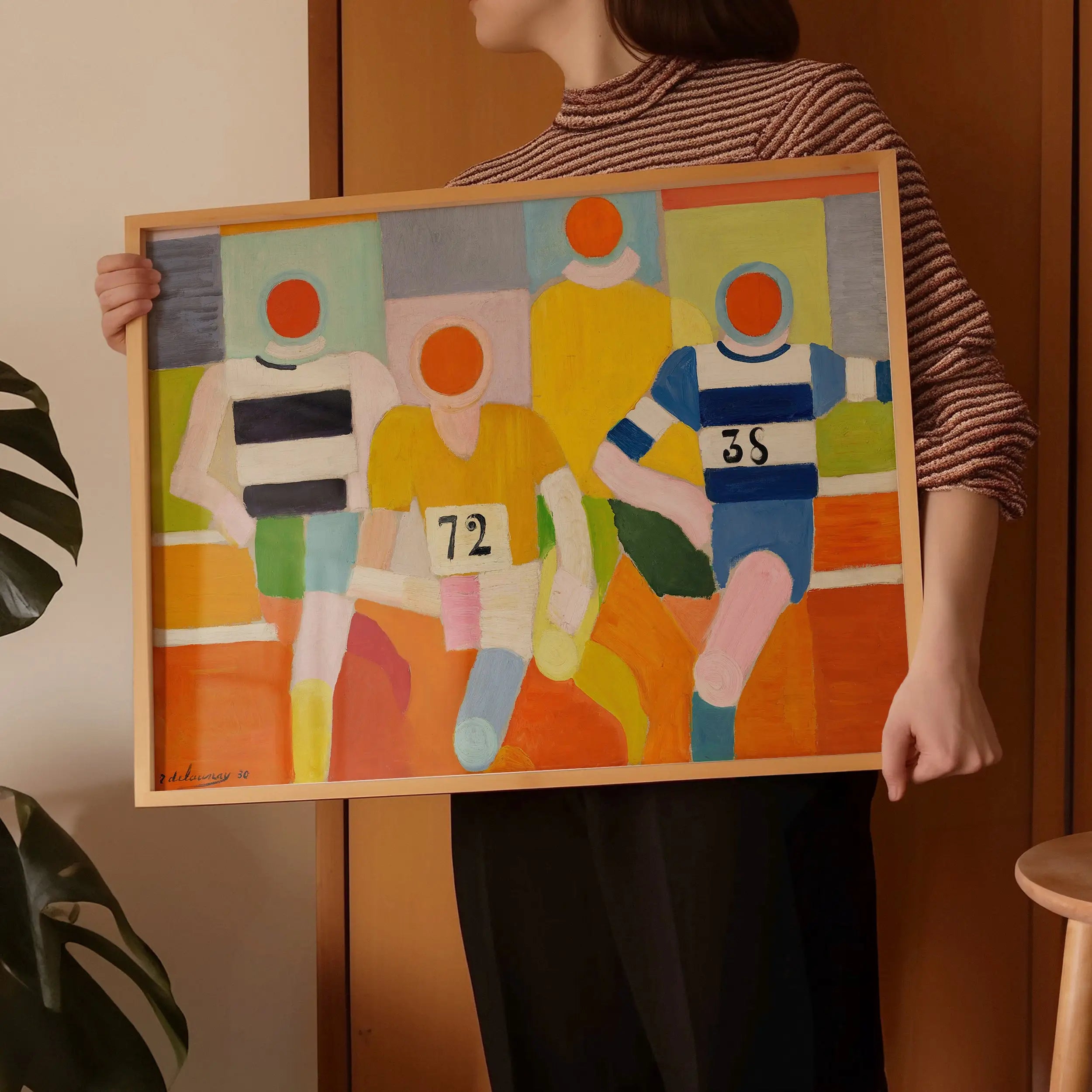 Gemonteerde schilderij van lopers met rode cirkelhoofden uit Delaunay Les Coureurs Poster