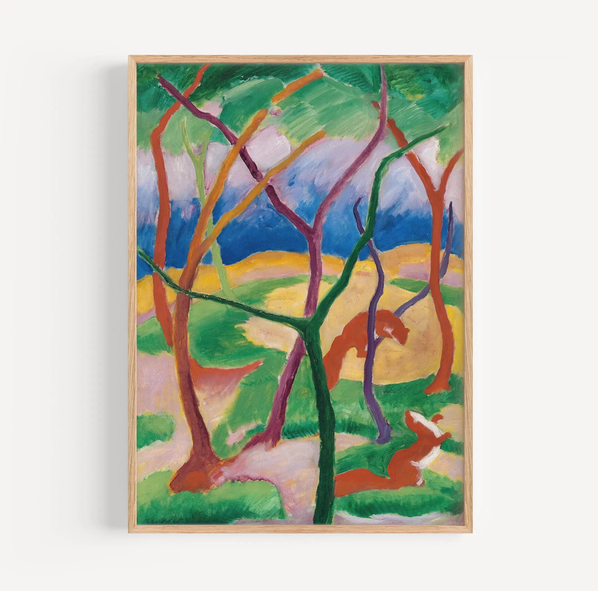 Gecadreerde expressionistische schilderij van een bos met eekhoorns, Franz Marc poster