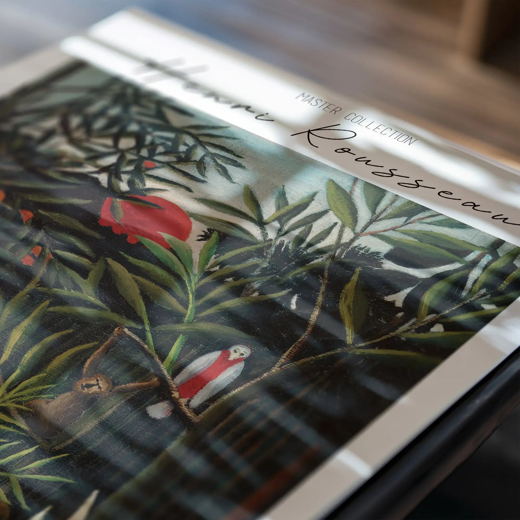 Henri Rousseau jungle-thema kunstwerk poster met aap en papegaai op kleurrijke achtergrond