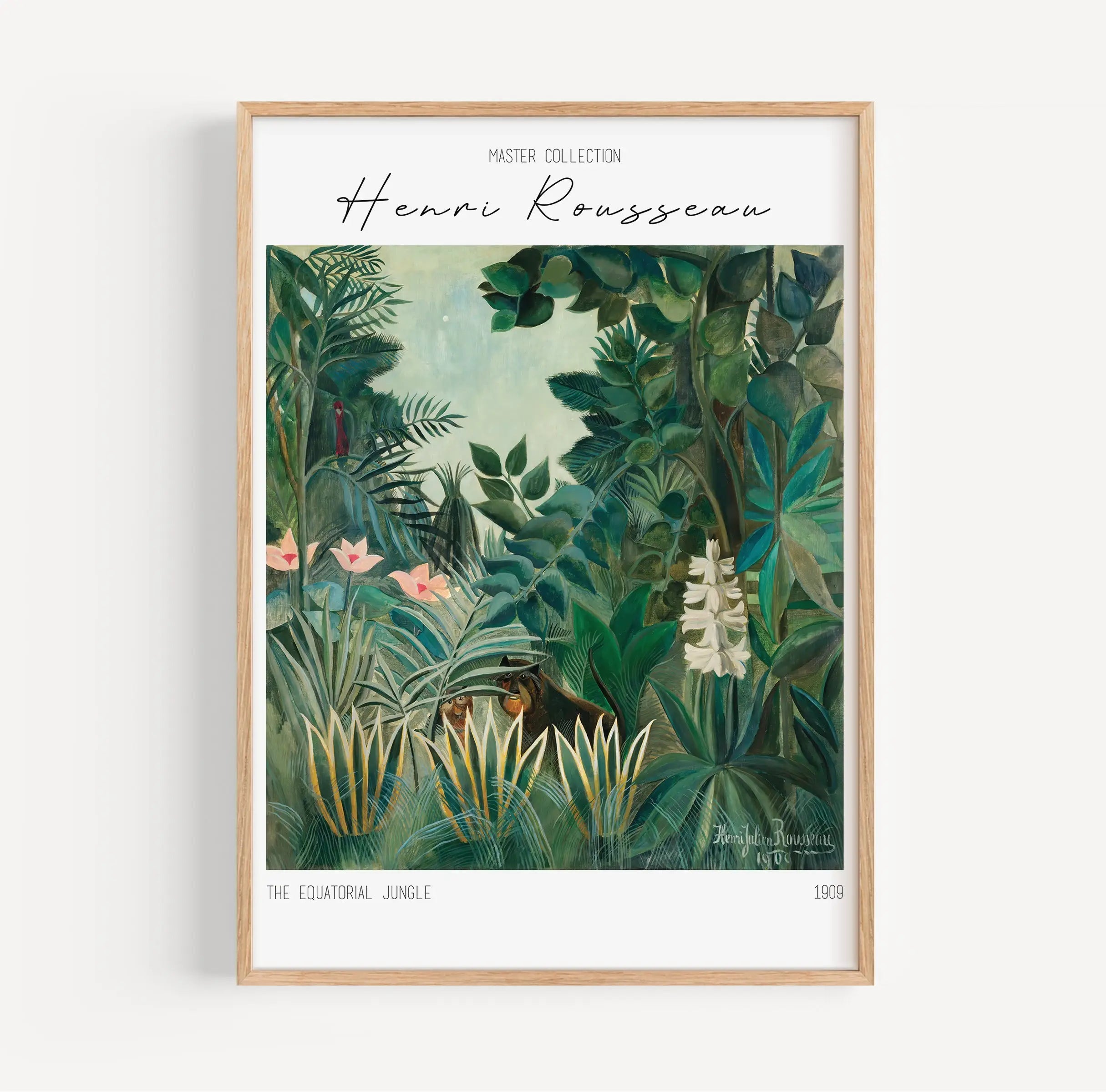 Gehangen jungle schildering op poster van Henri Rousseau met groene planten en dieren