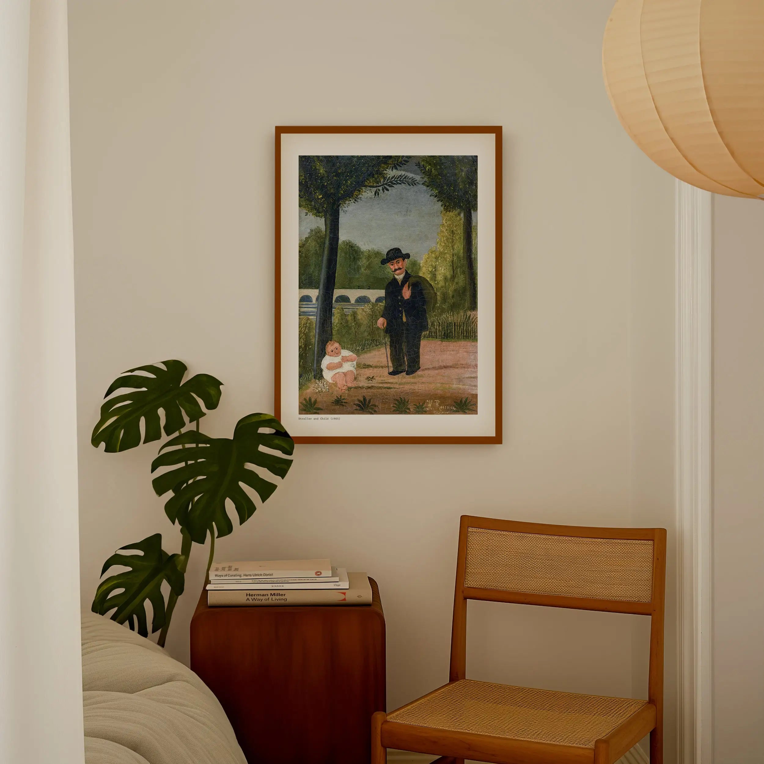 Gekaderd schilderij van een man met een wandelstok en een hond in een park