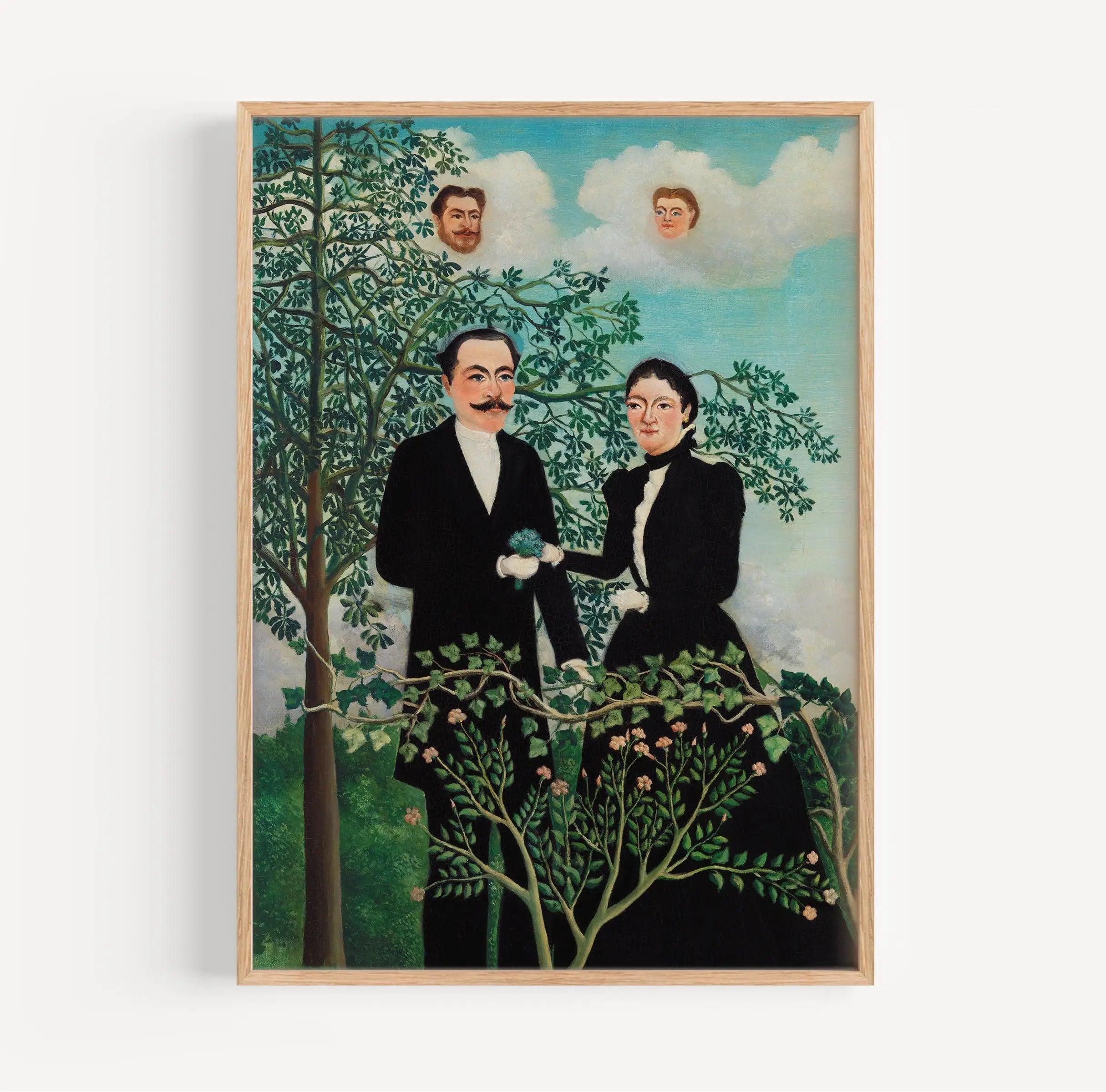 Geleefde kunstprint van een koppel met zwevende hoofden uit Henri Rousseau Poster De Tijd