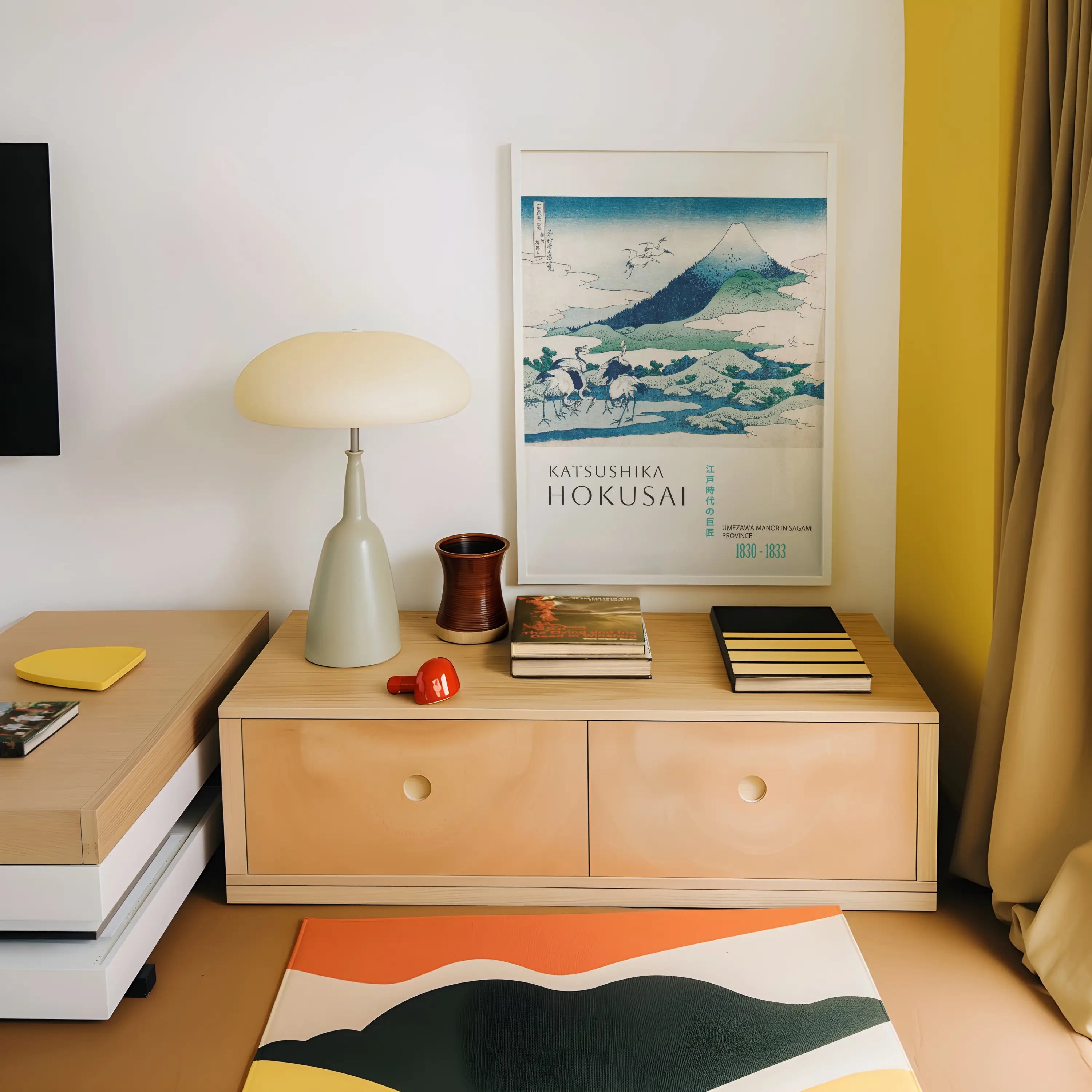 Hokusai Umezawa Landgoed poster met houten twee-ladekast voor decoratie