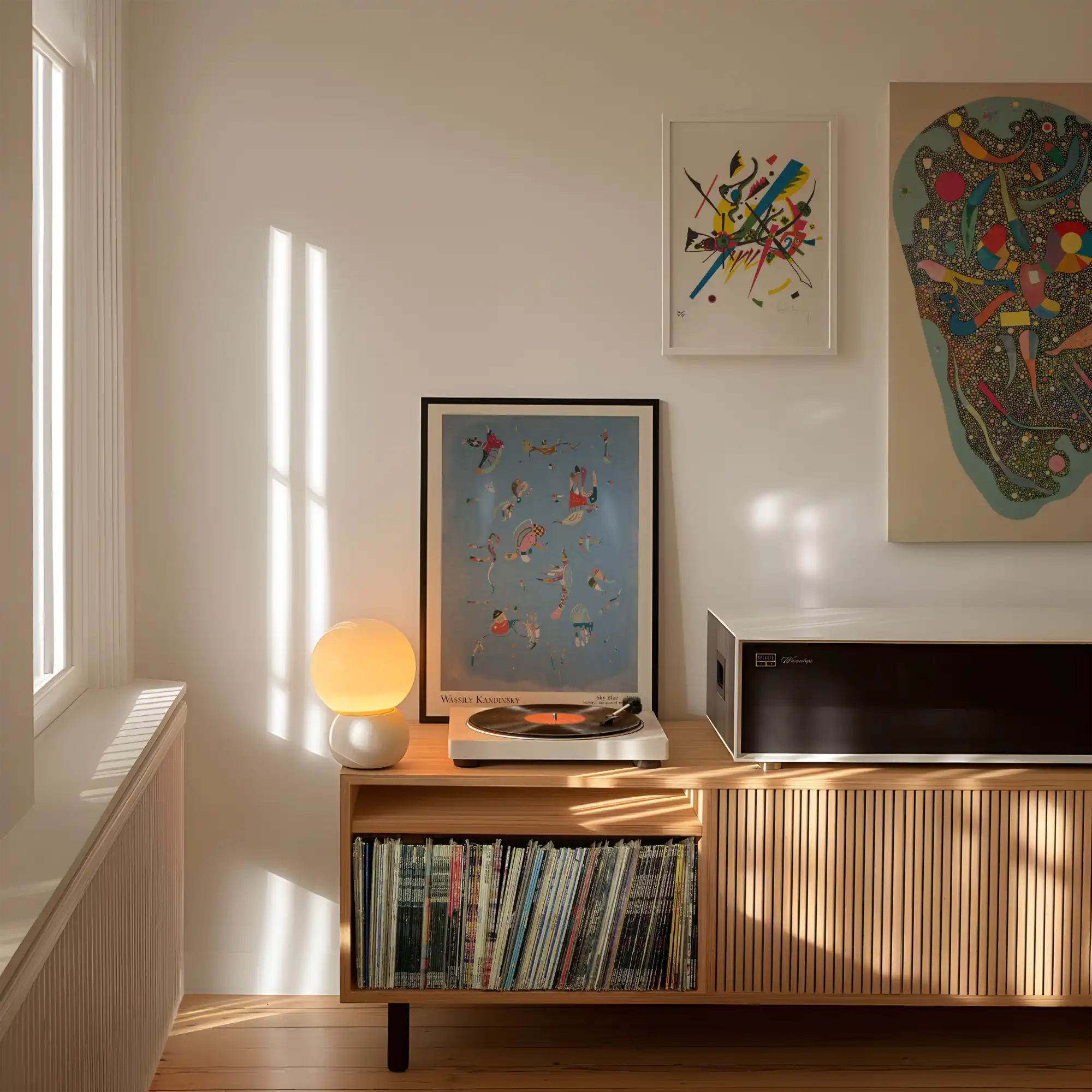 Houten kast met platen, draaitafel en lamp.