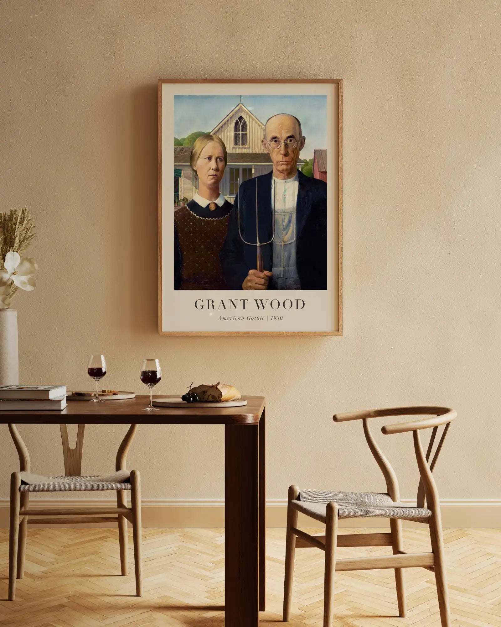 Ingelijst 'American Gothic' schilderij.