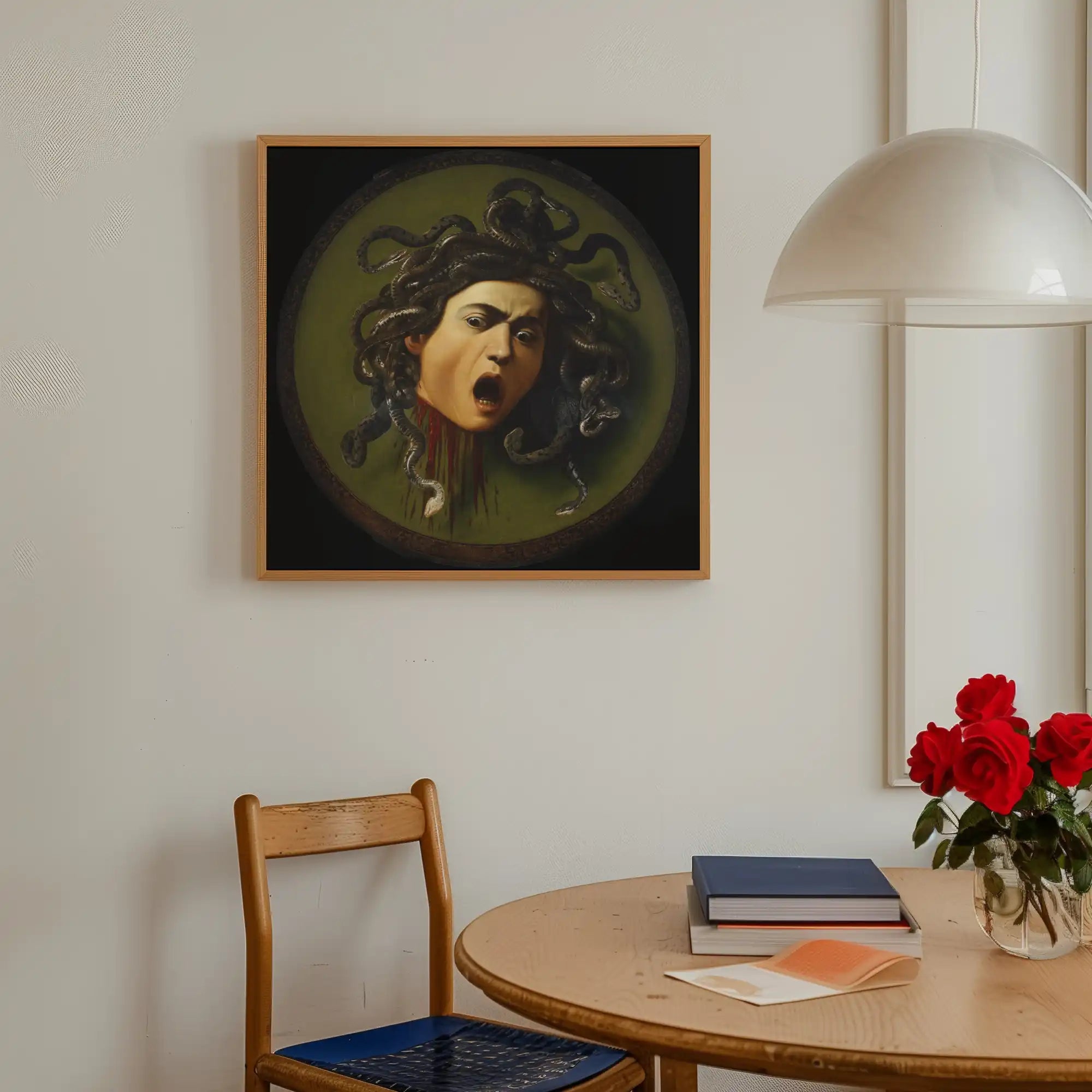 Ingelijste Medusa hoofd schilderij.
