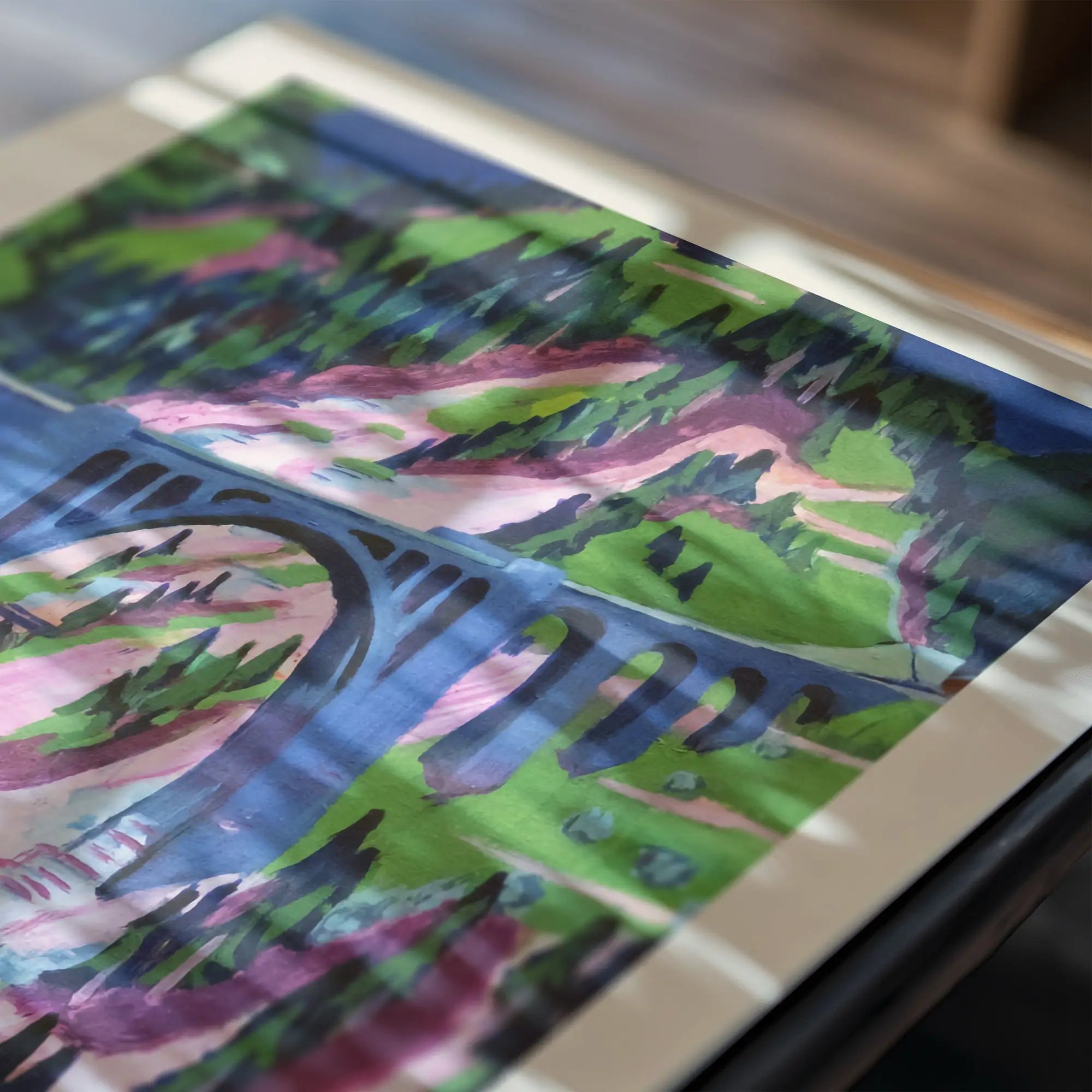 Framed abstract landschapsschilderij poster Kirchner Brug in de Weide voor wanddecoratie