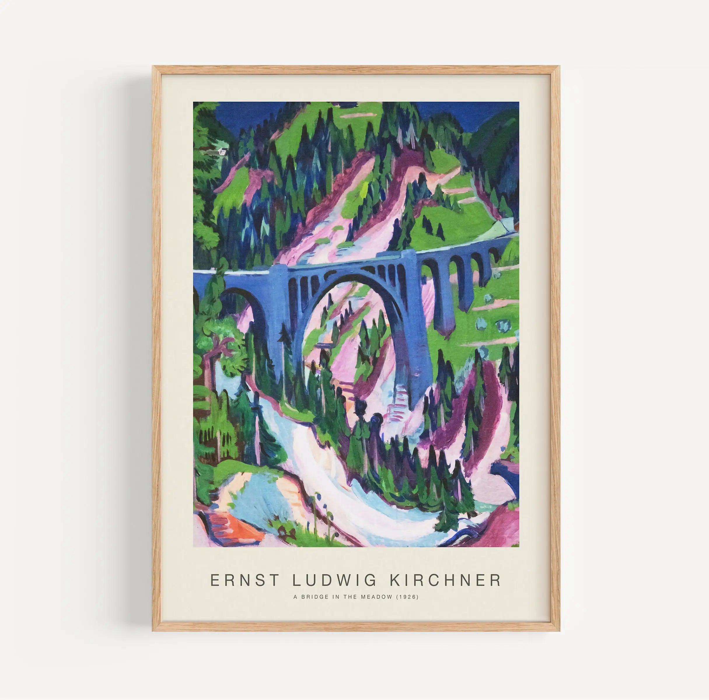 Geïntegreerde expressionistische poster van een brug in de bergen Kirchner Brug in de Weide