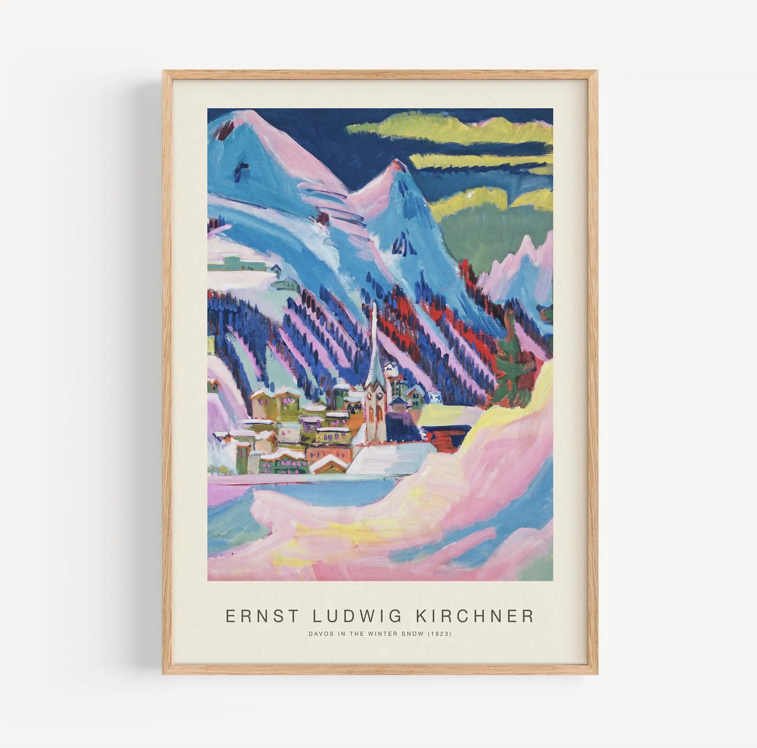 Gekaderd expressionistisch berglandschap schilderij in de winter voor Kirchner Davos poster