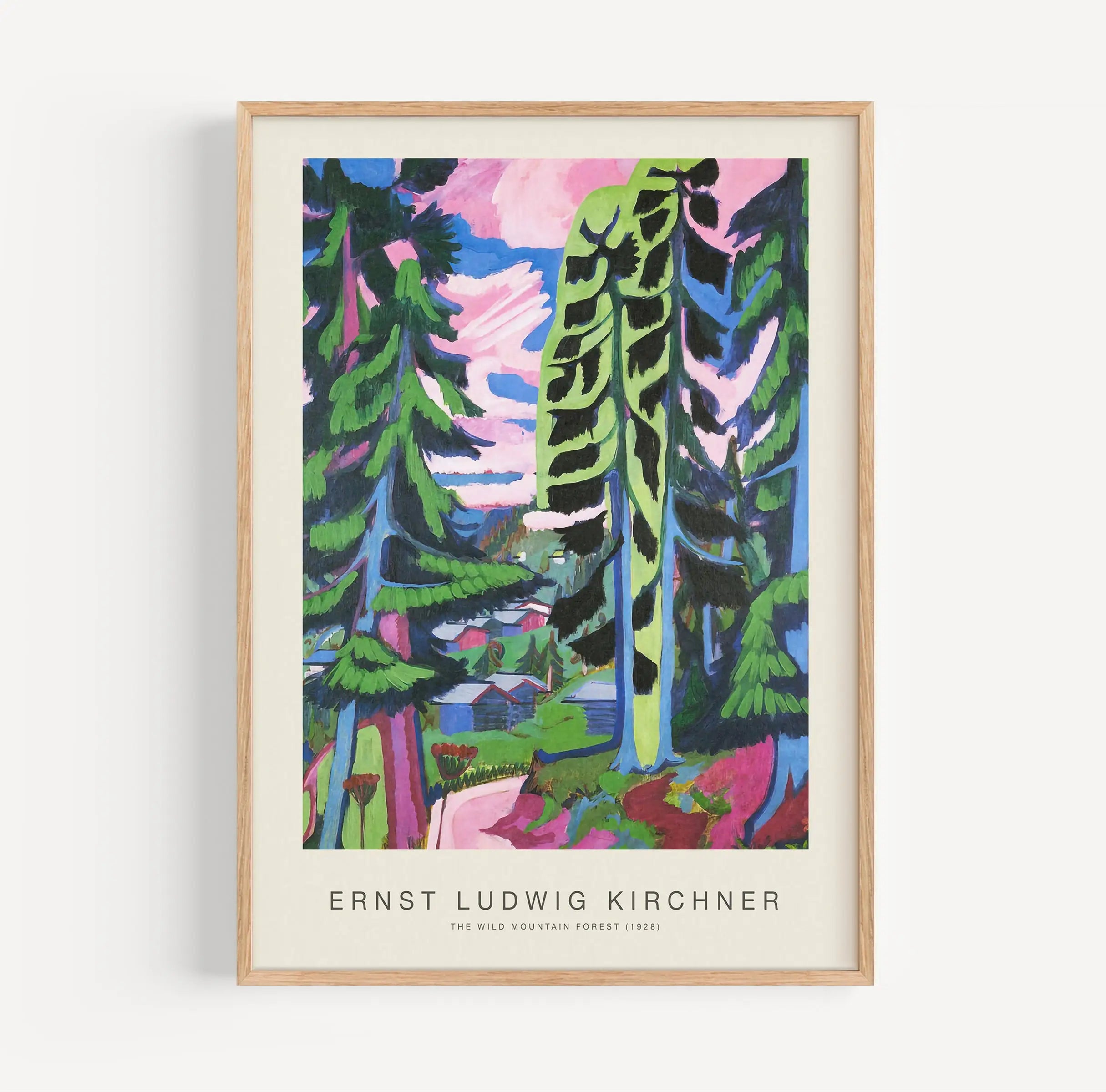 Gekaderde expressionistische schildering van een bos voor Kirchner Poster Wilde Bergwoud