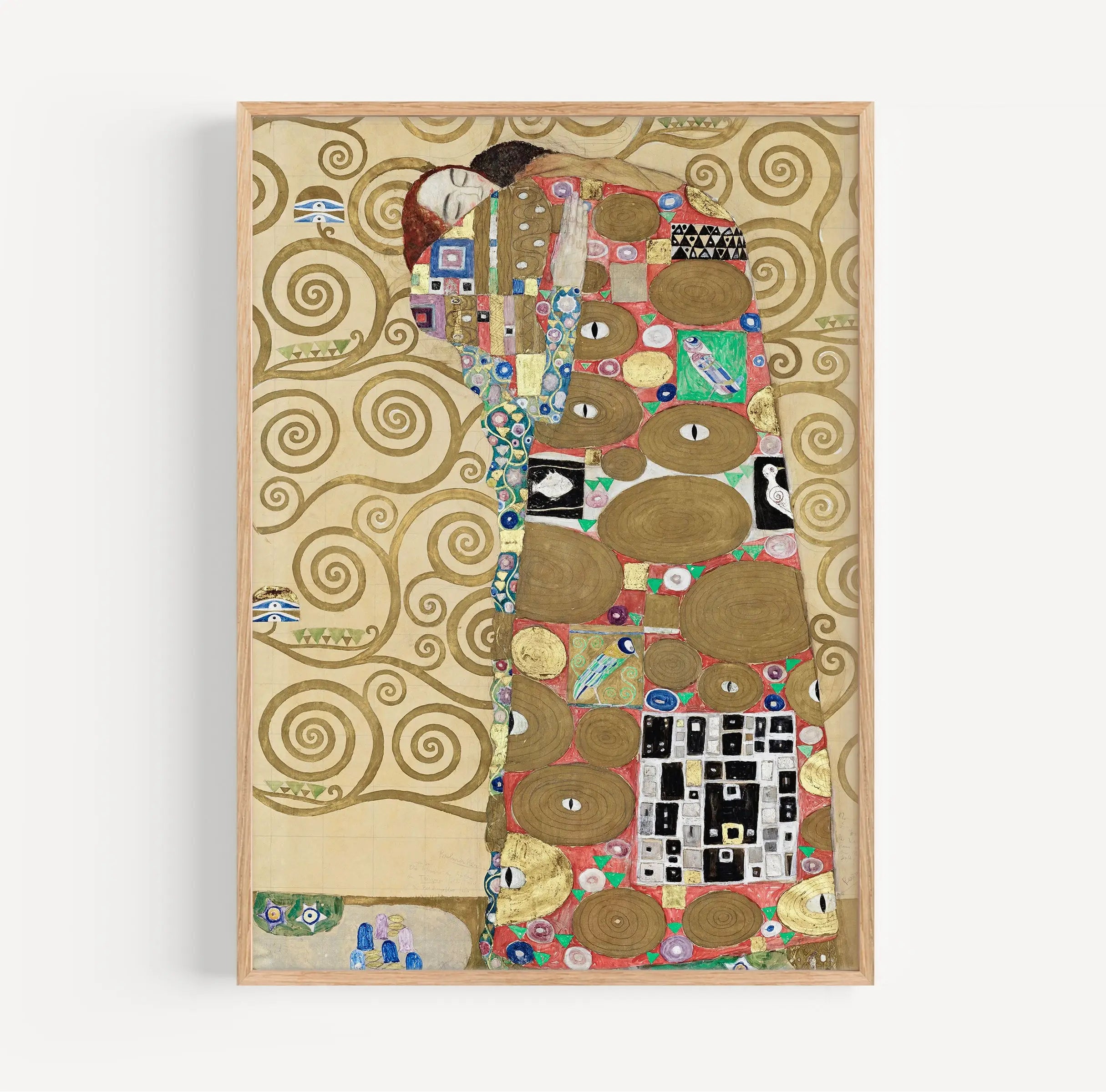 Gelaatstrekken uit een ingelijste Klimt schilderij op de Klimt Fulfillment Poster