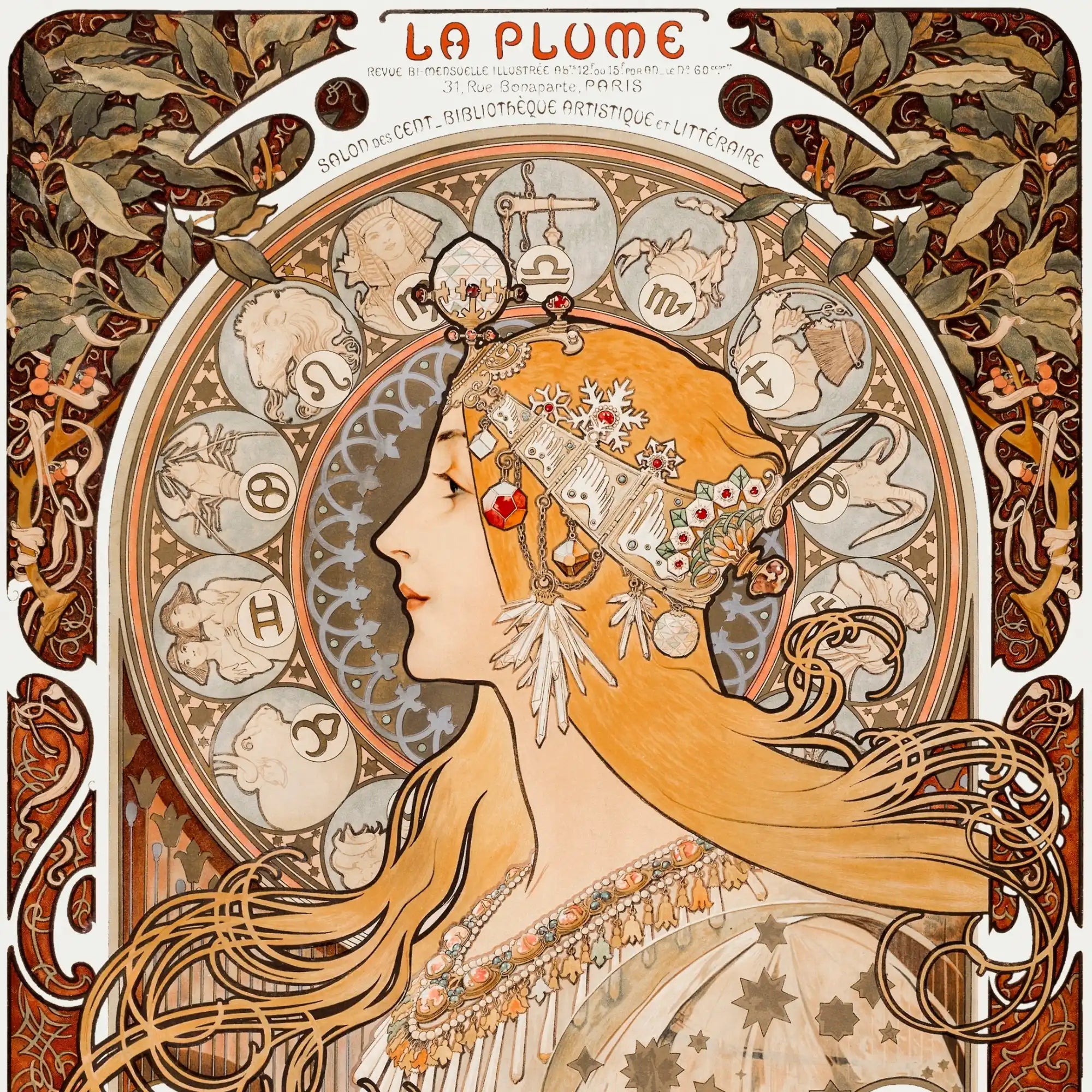Art Nouveau-poster met een vrouw met zodiaktekens.