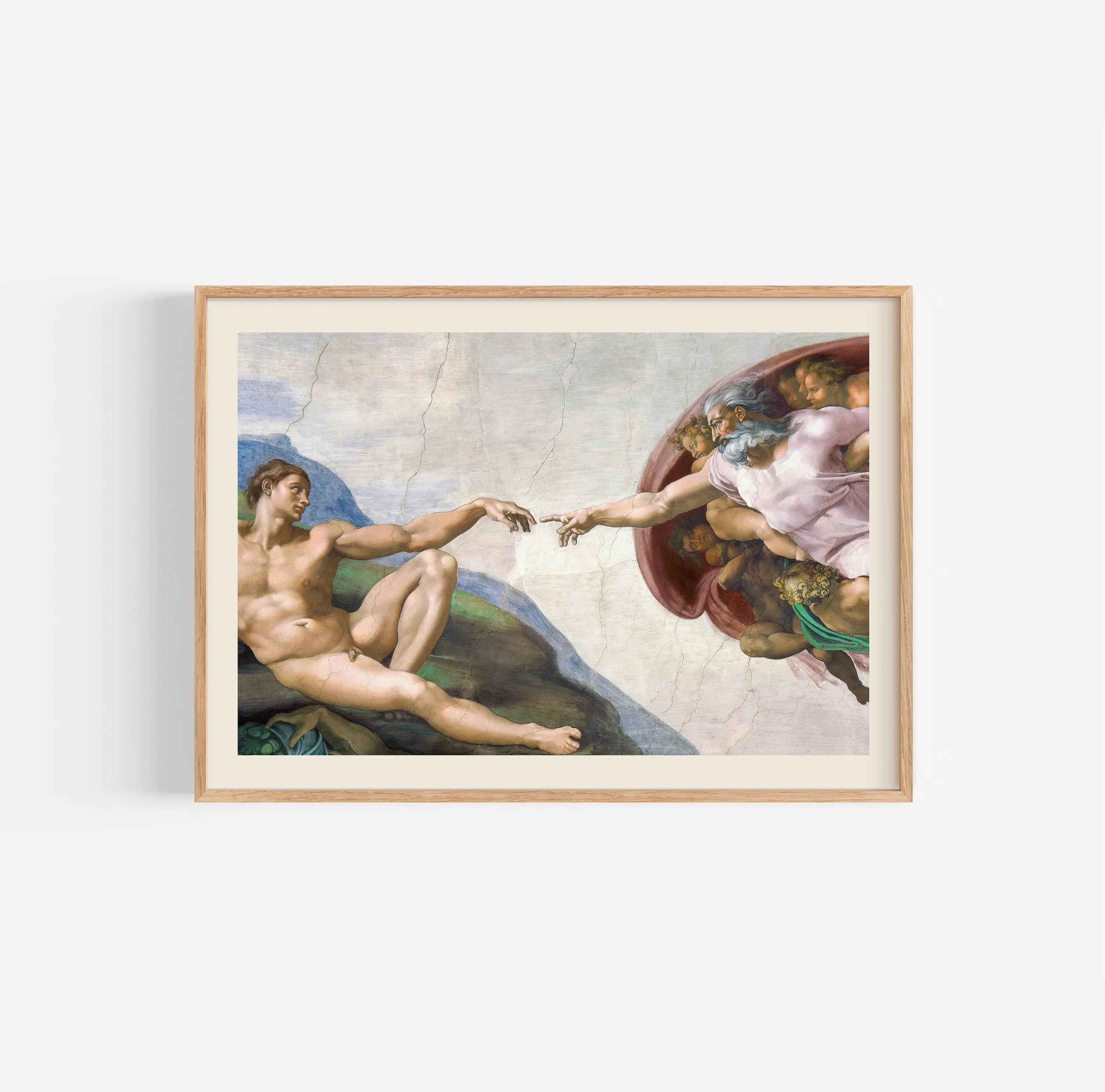 Gelijmde Michelangelo Creation of Adam poster afbeelding van de beroemde schilderijlijst