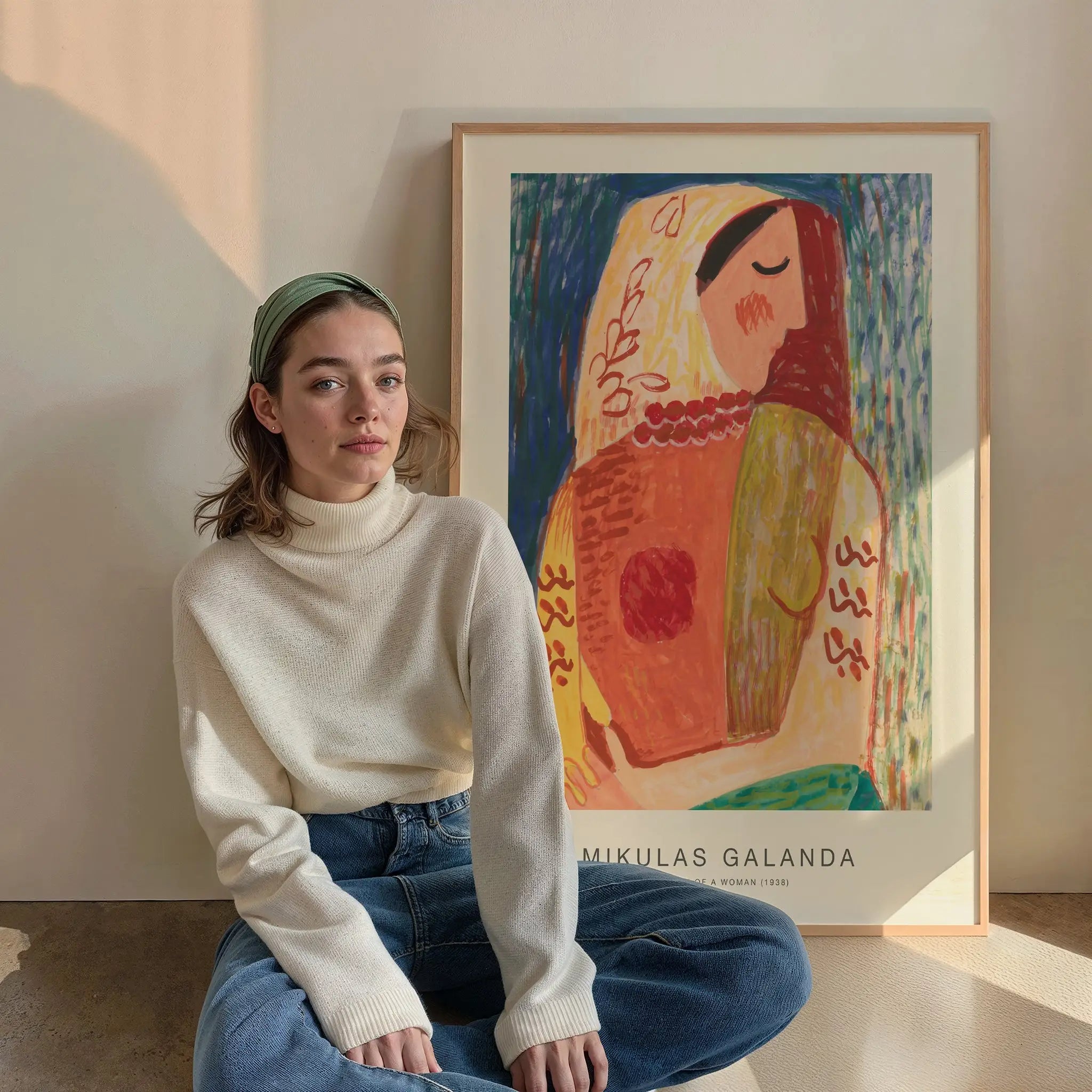 Gekaderd kleurrijk portret poster van een vrouw door Mikulas Galanda