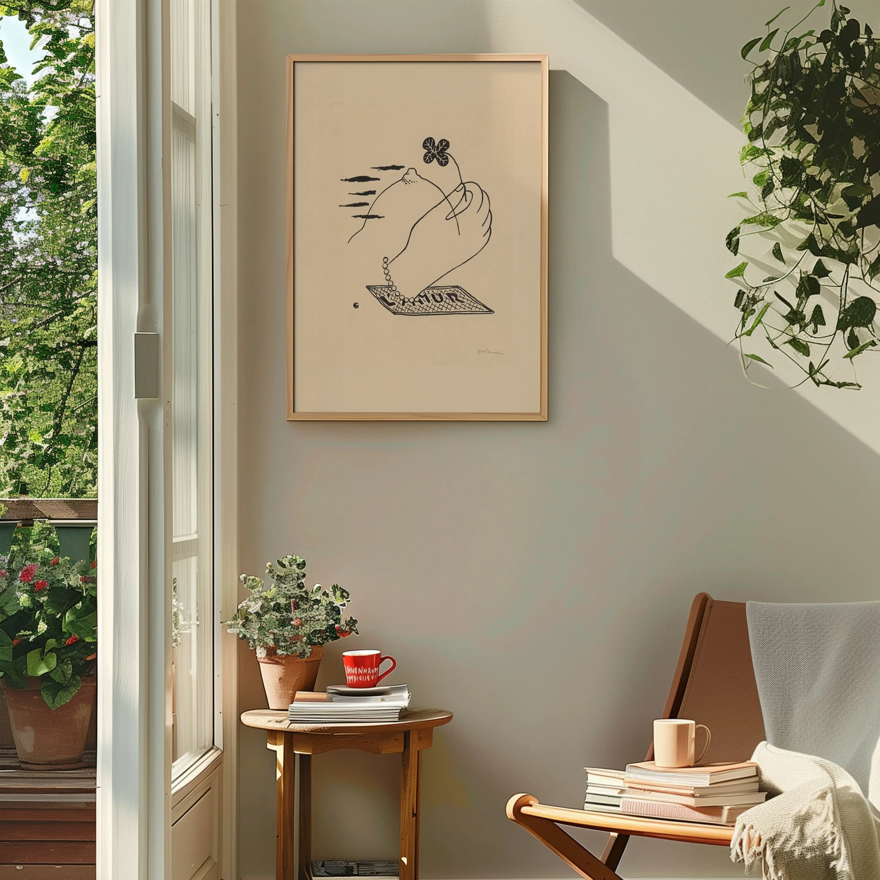 Gepensioneerde lijntekening van handen die een bloem vasthouden op Mikuláš Galanda Vulkaan Poster