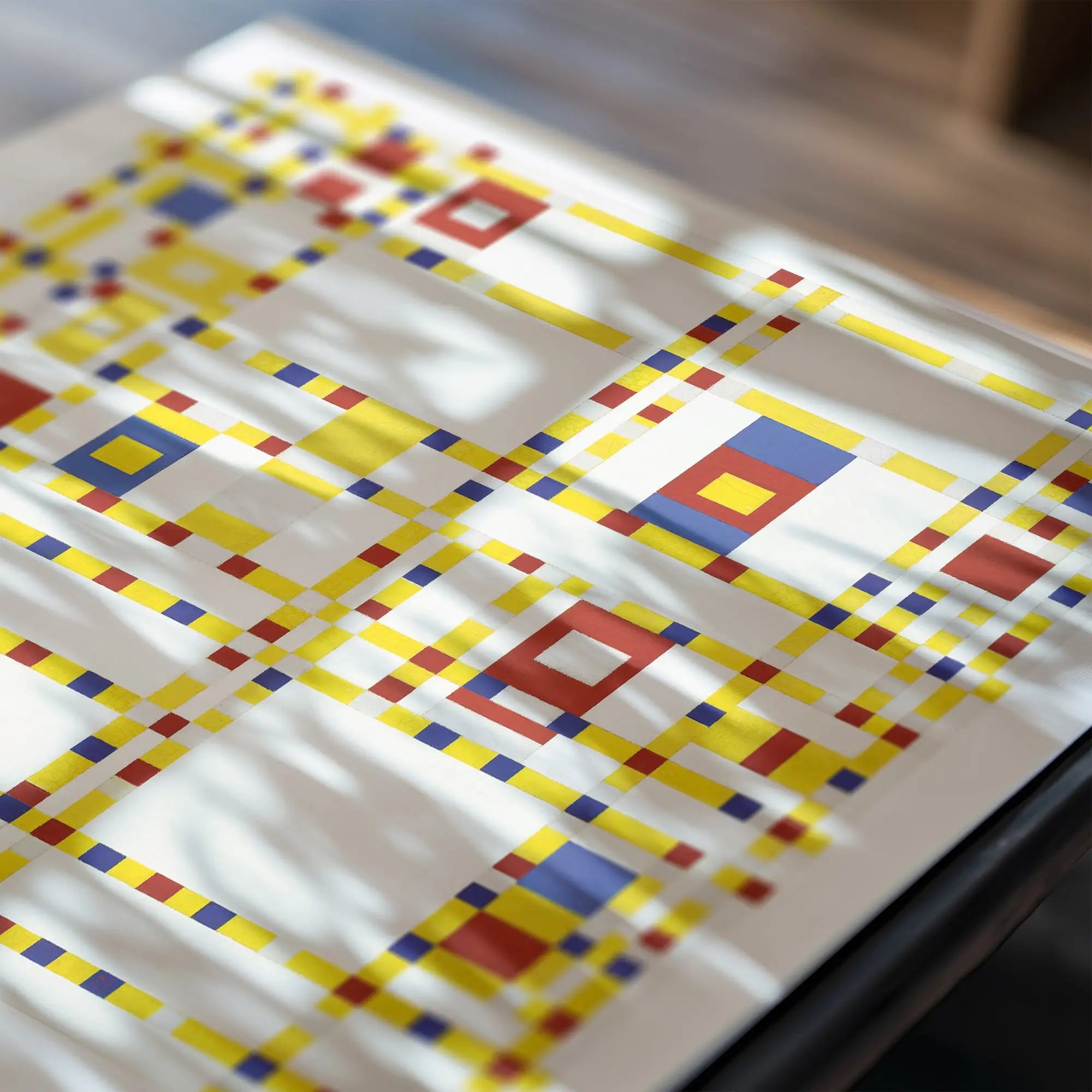 Geometrisch patroontoffe voor Mondriaan Broadway Boogie Woogie Poster