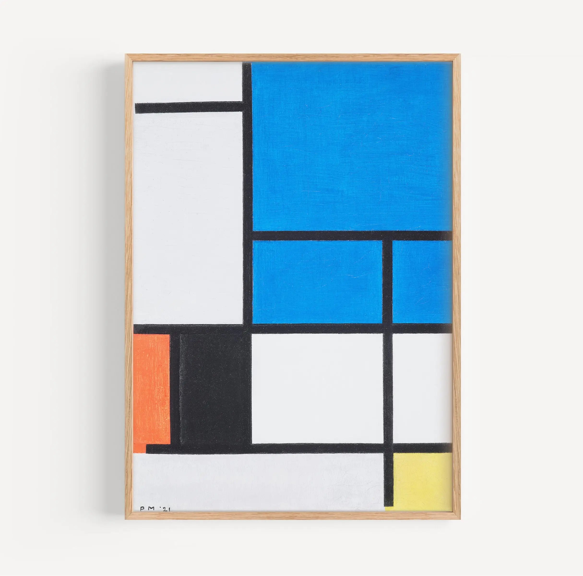 Gemonteerde Mondriaan-stijl abstracte poster met blauw vlak voor een moderne interieurdecoratie