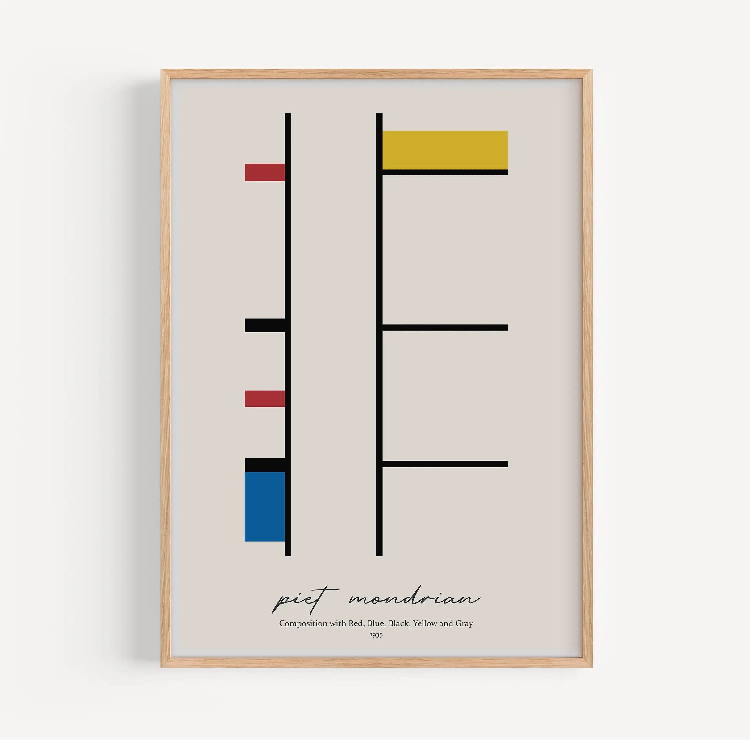 Gedrukte Mondriaan poster met rood, geel en blauw in een frame