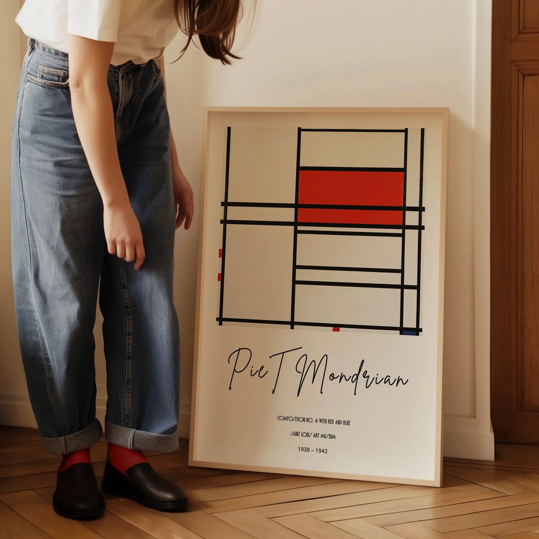 Gekaderde Mondriaan-stijl kunstprint in de Mondriaan Poster Compositie nr 4