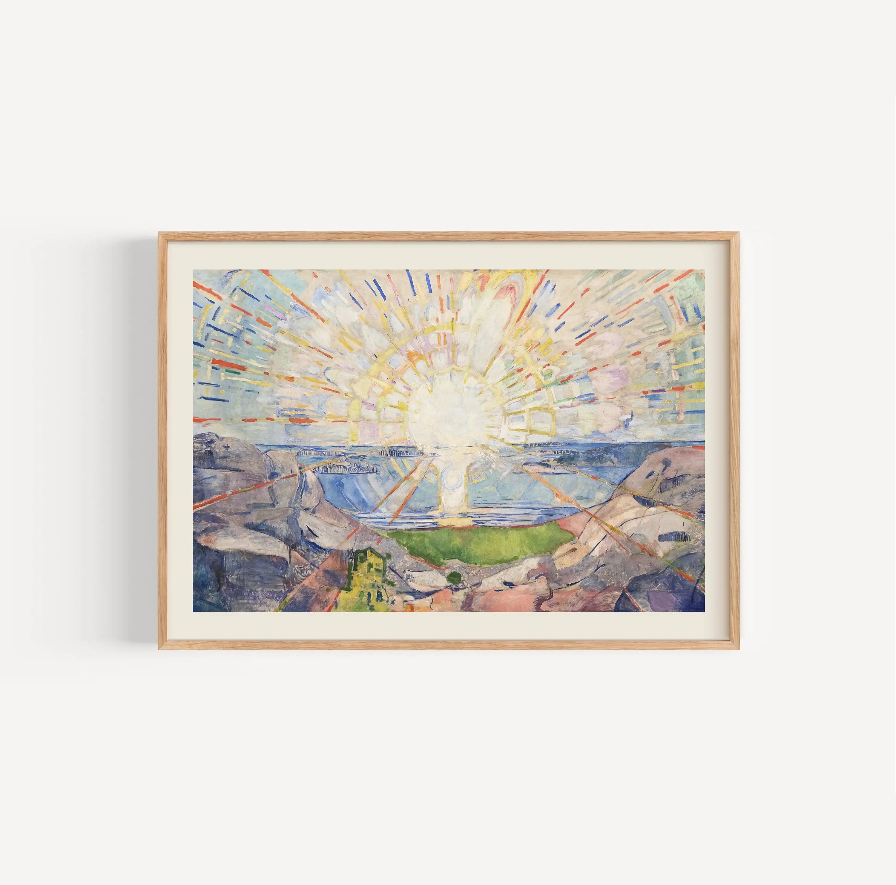 Gescheiden impressie zonnestraal landschap in een Framed Munchs Solenintro Poster