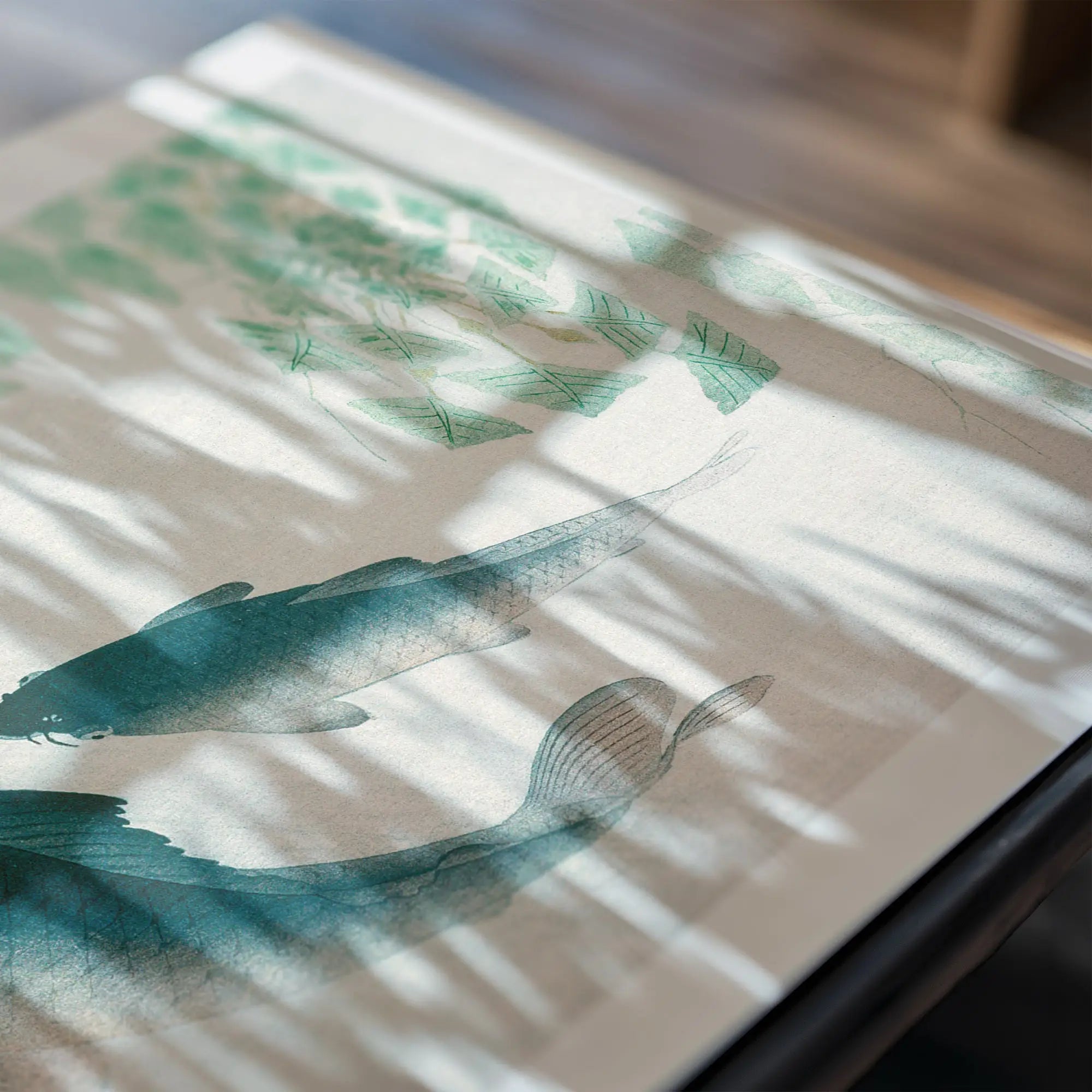 Waterverf vis en foliage kunst voor Ohara Koson Blauwe Karper Poster