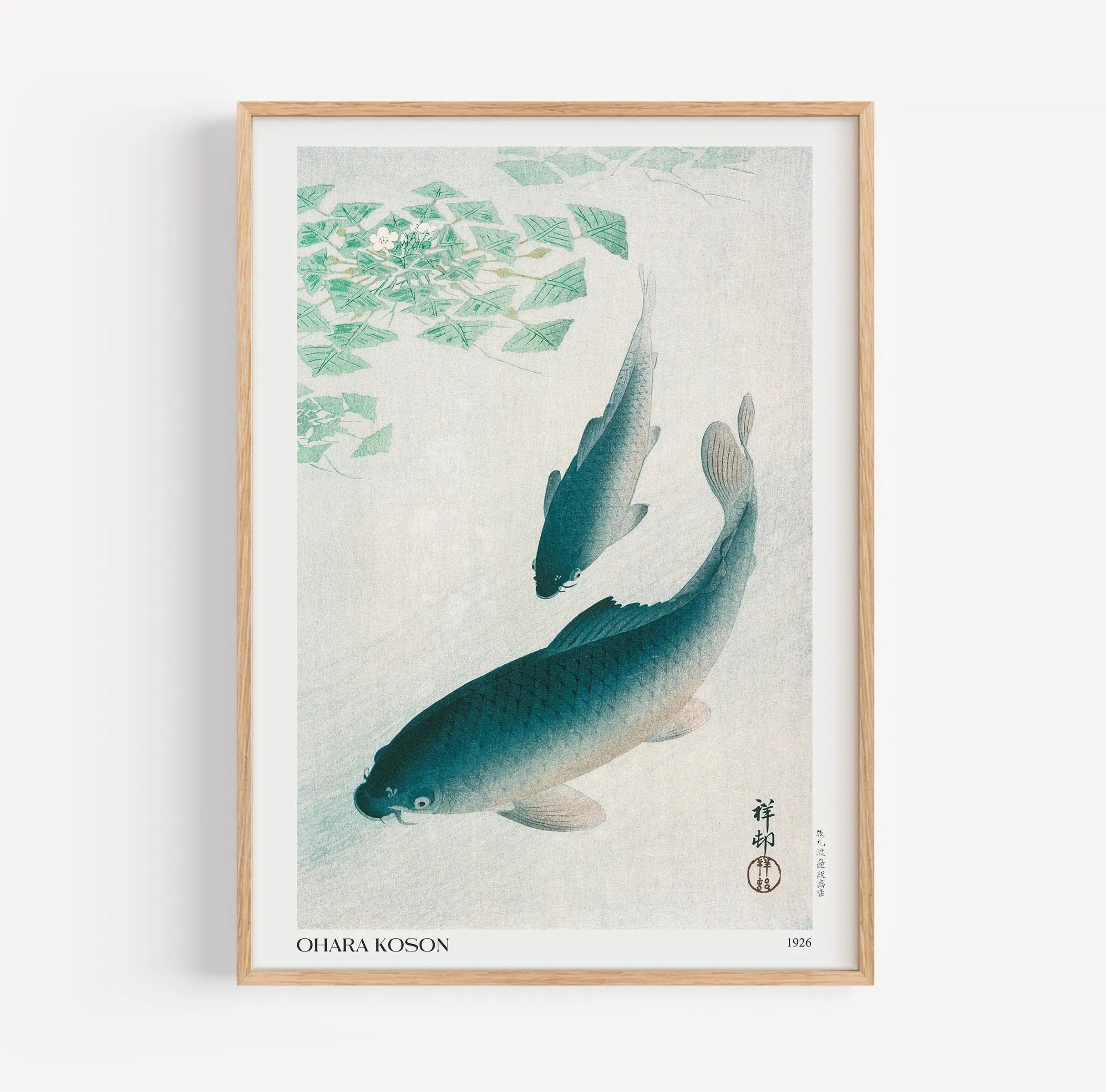 Geverfde Japanse visprint in lijst op de Ohara Koson Blauwe Karper Poster