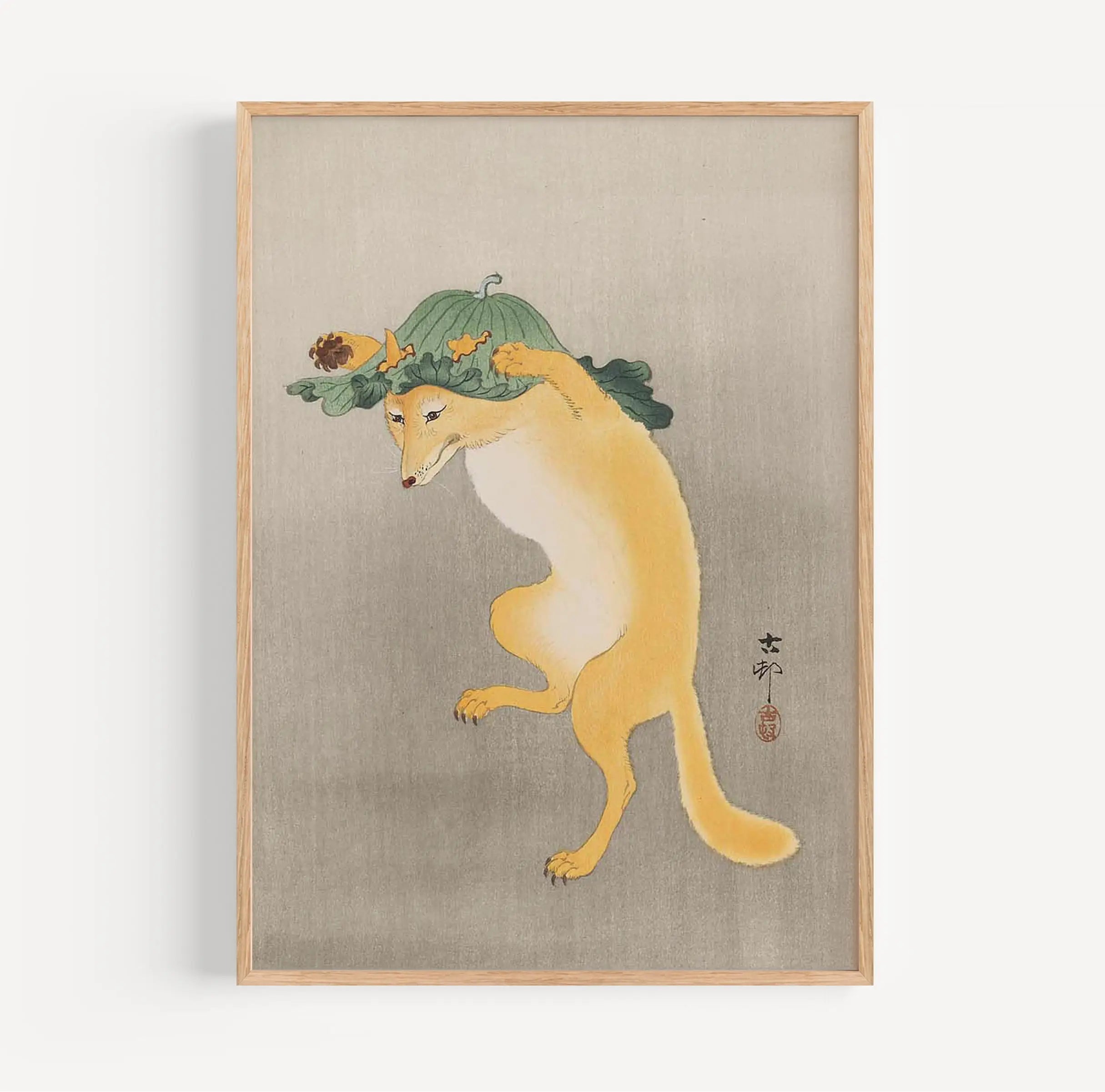 Geprezen Japanese Vos schilderij in een lijst uit de Ohara Koson Dansende Vos Poster collectie