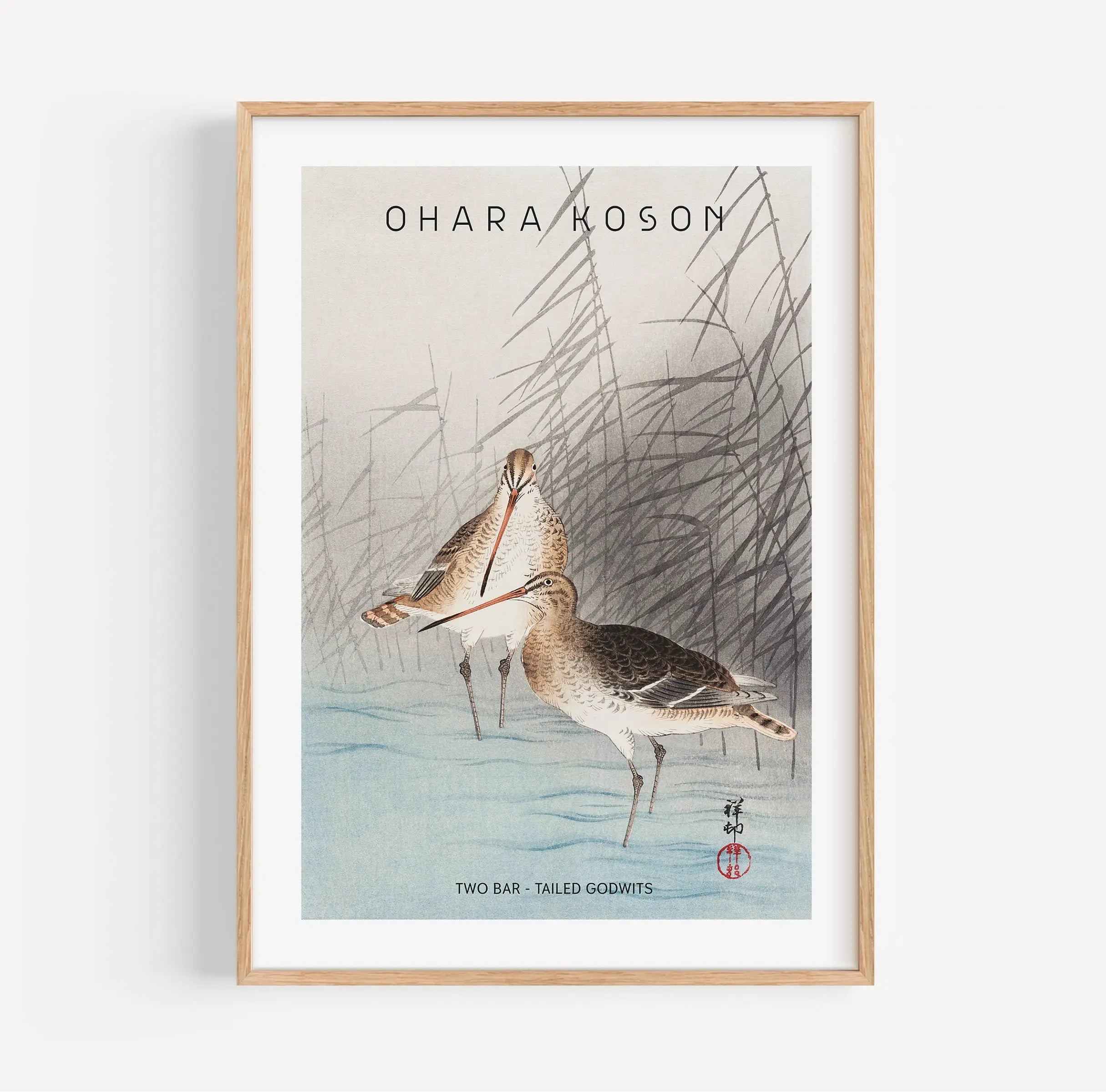 Geresigneerde vogelprint in lijst van Ohara Koson Twee Grutto’s Poster