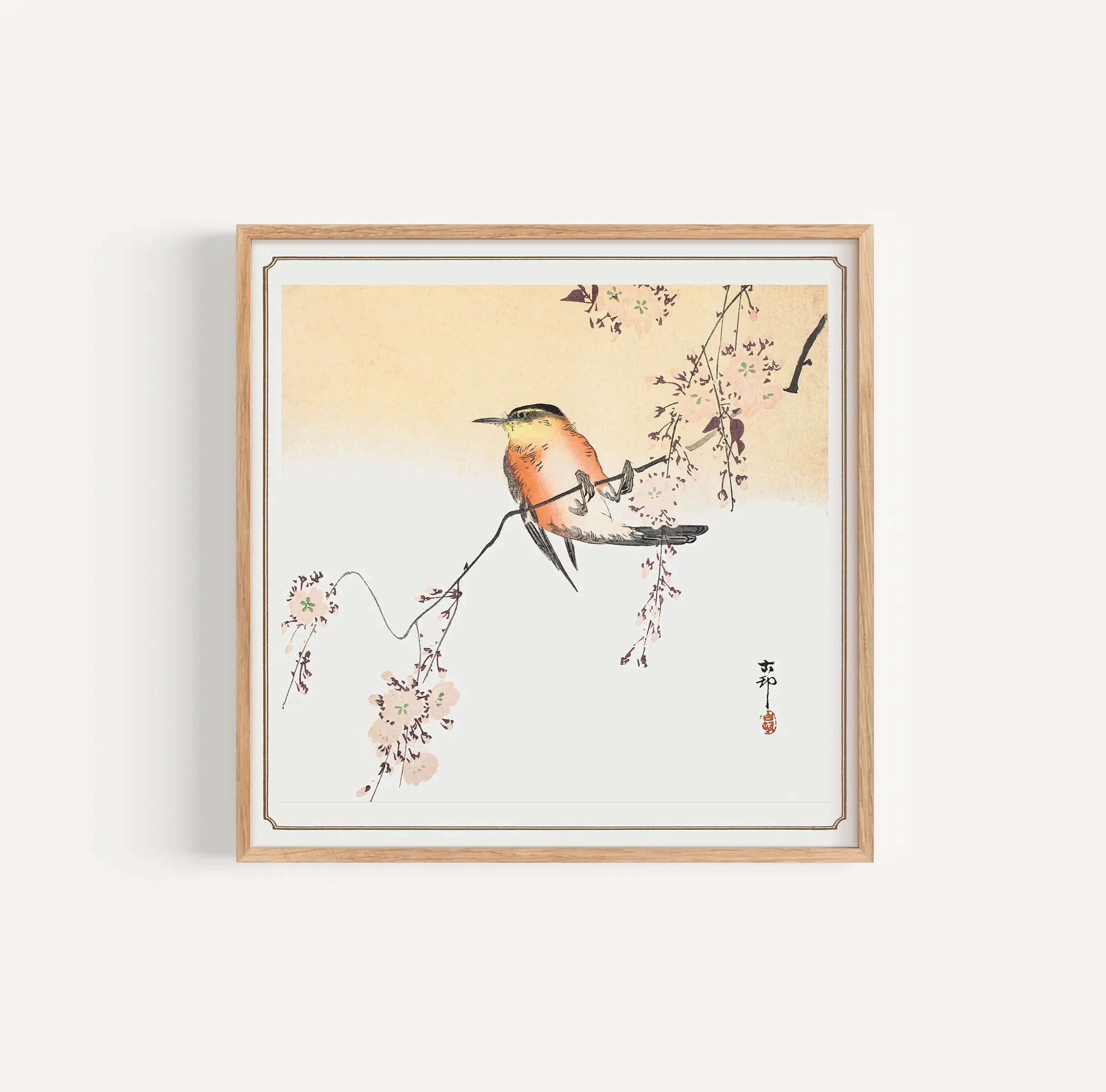 Geprefereerde vogeltje en kersenbloesem poster in houten frame van Ohara Koson