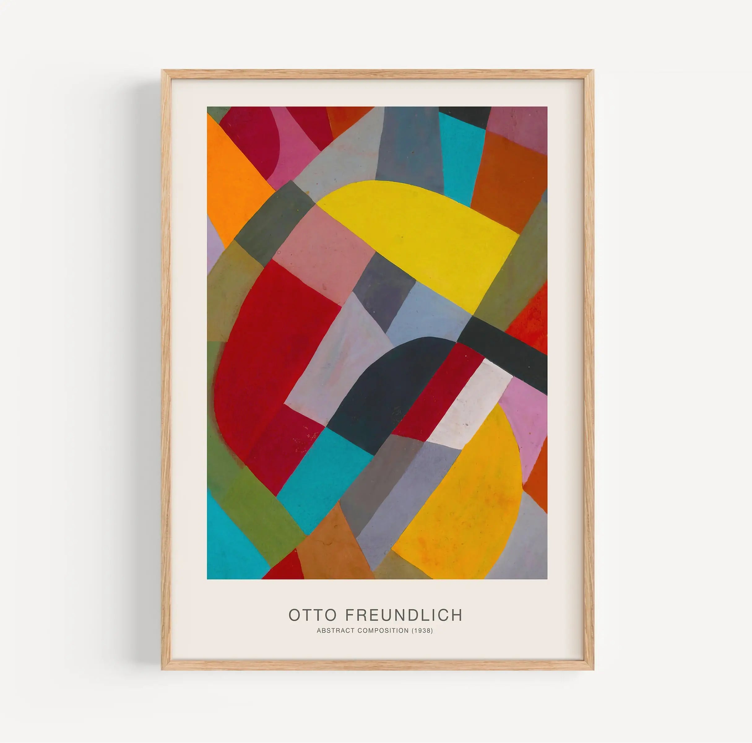 Gefaagde abstracte geometrische kunstposter van Otto Freundlich in lijst getoond