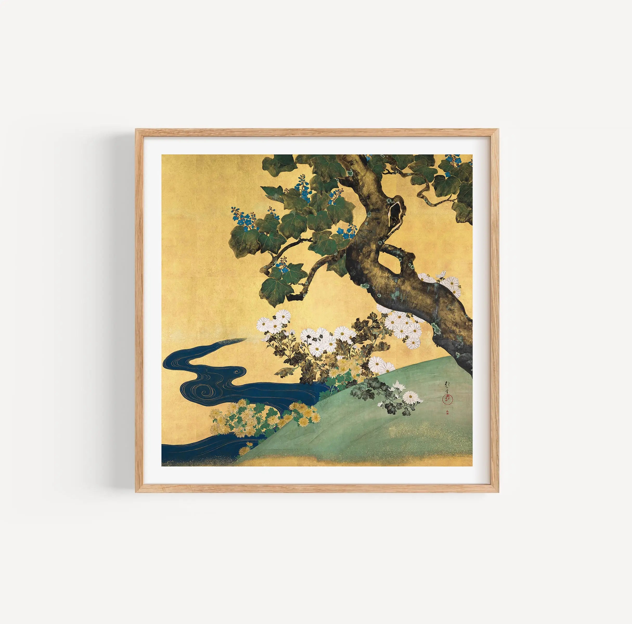 Geweven Japans schilderij in lijst voor Paulownia’s en Chrysanten poster