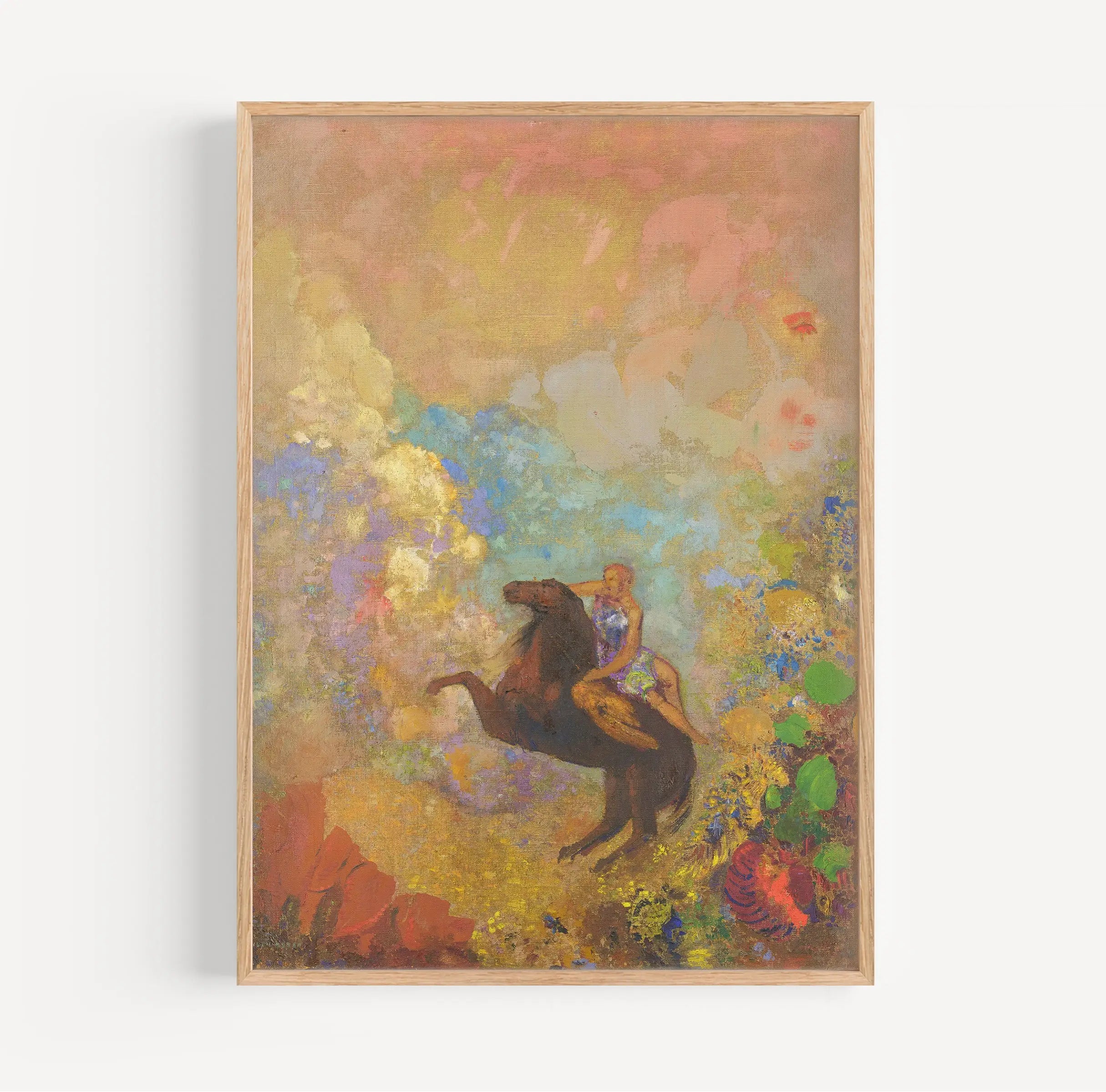 Gitzwarte ingelijste schilderij van een ruiter op een paard in de Redon Muse op Pegasus Poster