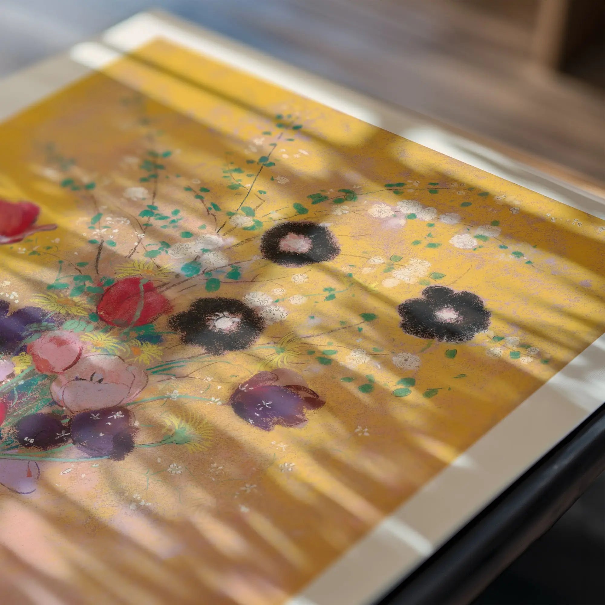 Florale schilderij met gele achtergrond in Redons Vaas met Bloemen Poster