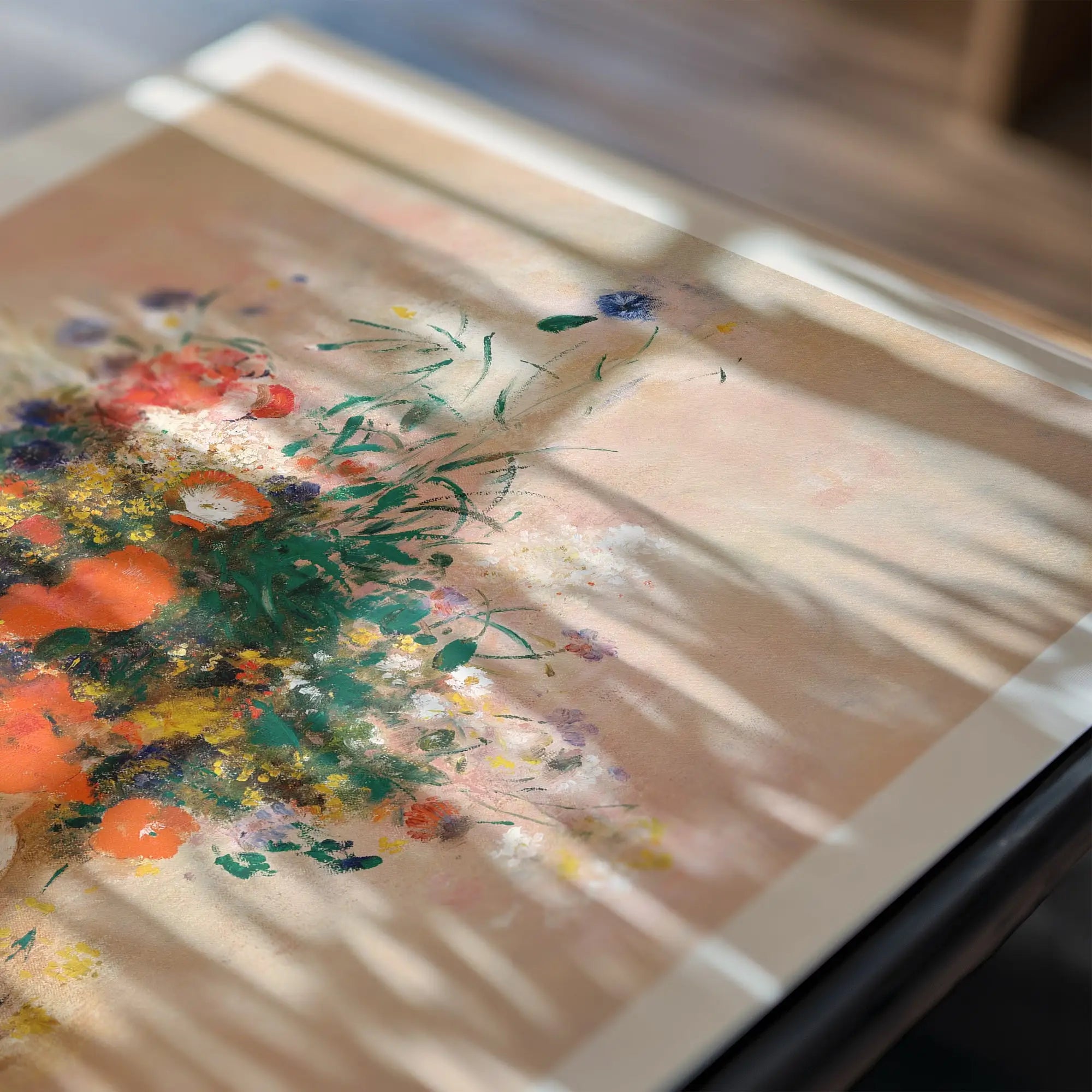 Floral schilderij met zonlicht op Redons Vaas met Bloemen Poster