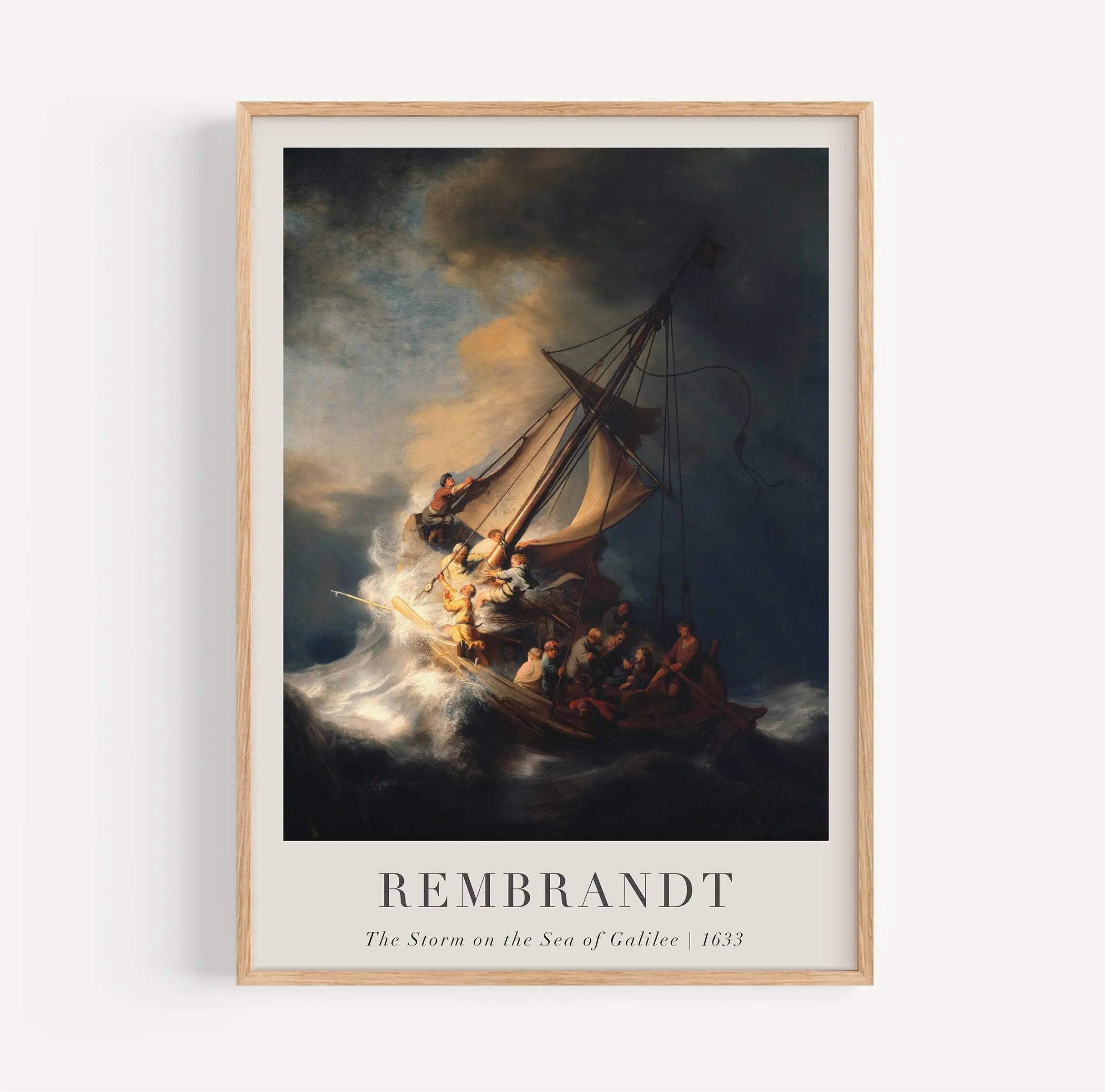 Geframede schildering van een stormachtige zee door Rembrandt uit 1633
