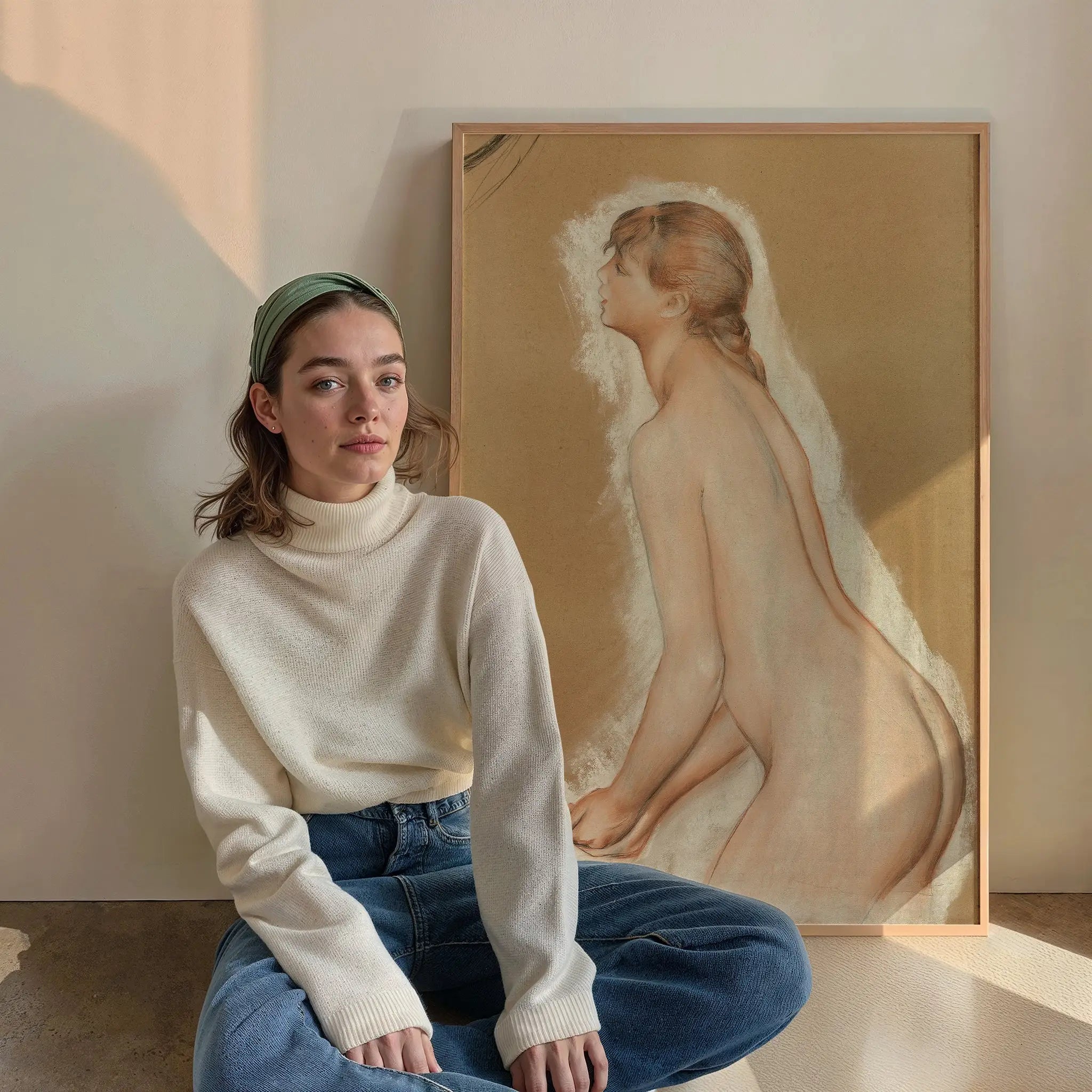 Vrouw in crème coltrui en jeans naast een naakt schilderij bij Renoir Splashing Figure Poster