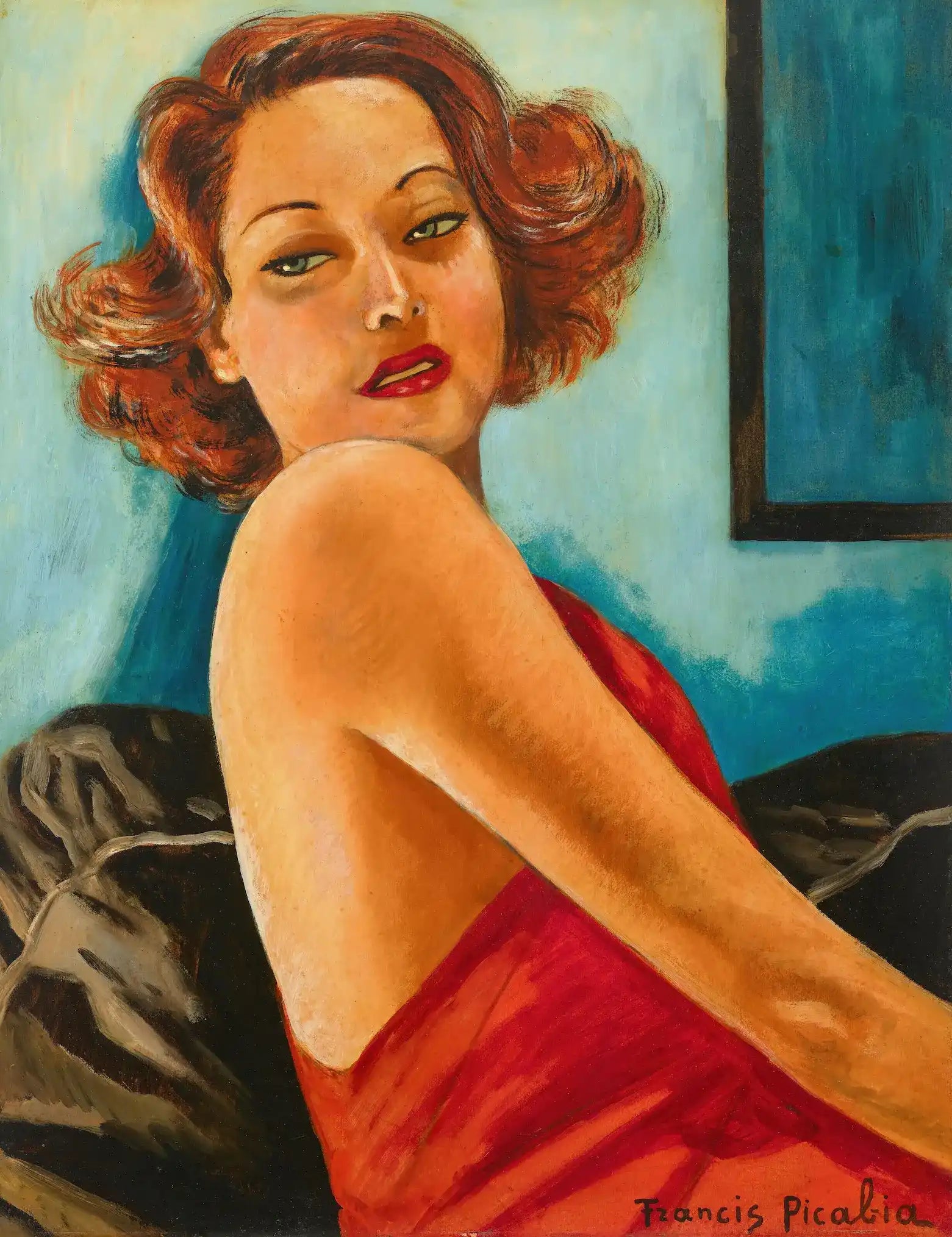 Schilderij van een vrouw in het rood.