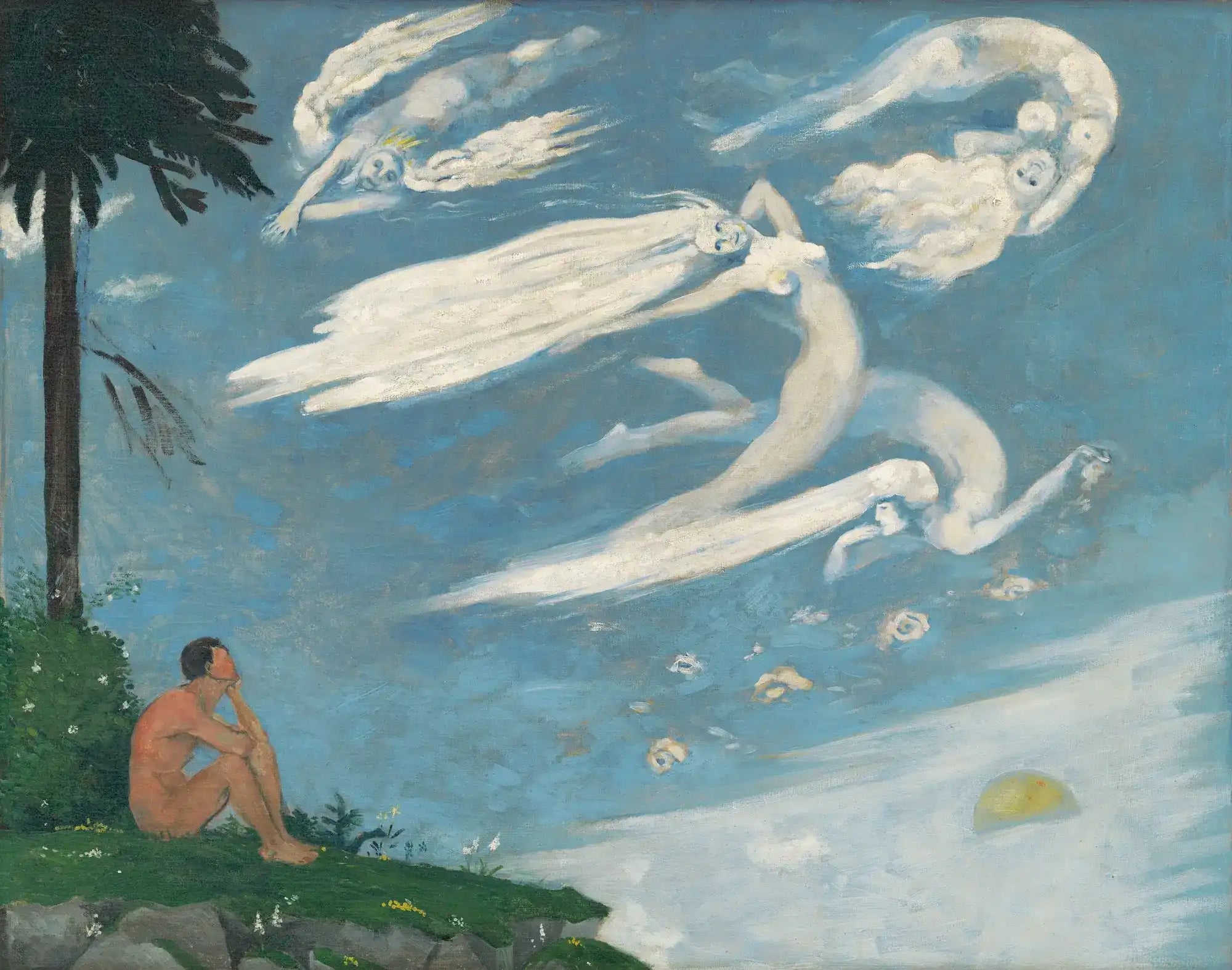 Surrealistische schildering van naakte figuren in de lucht.