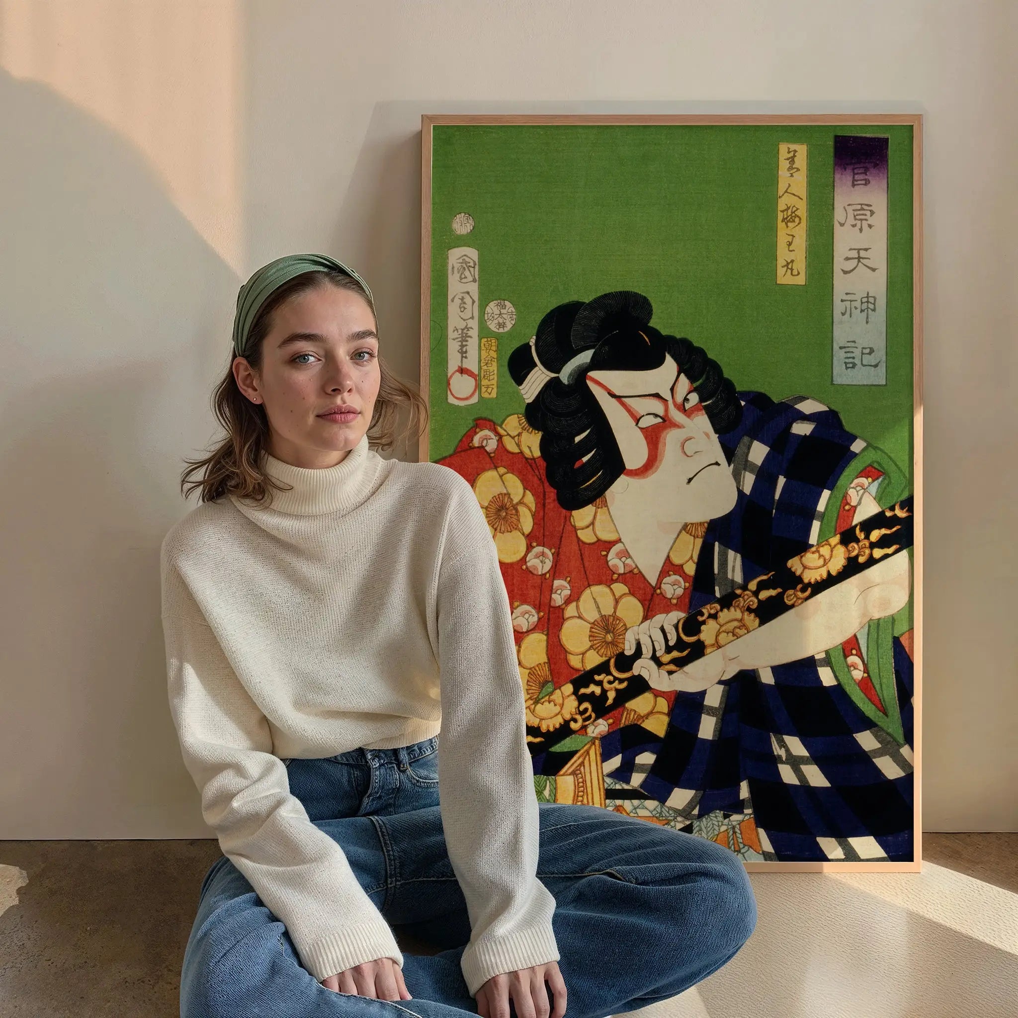 Gereserveerde Japanse kunstprint in lijst voor Toyohara Kunichika acteur poster