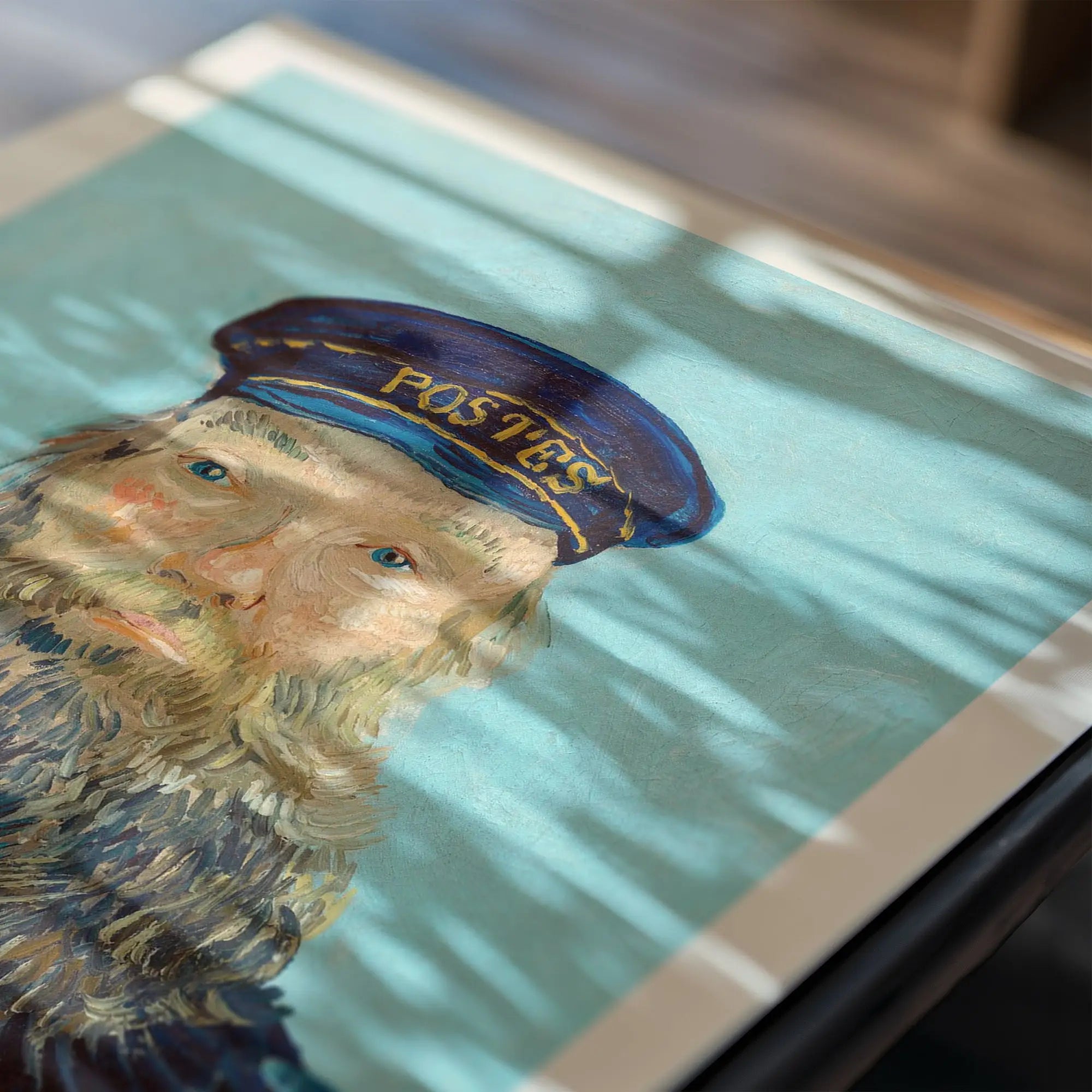 Framed schilderij van een bebaarde man in een POSTES hoed voor Van Goghs Postbode Roulin poster