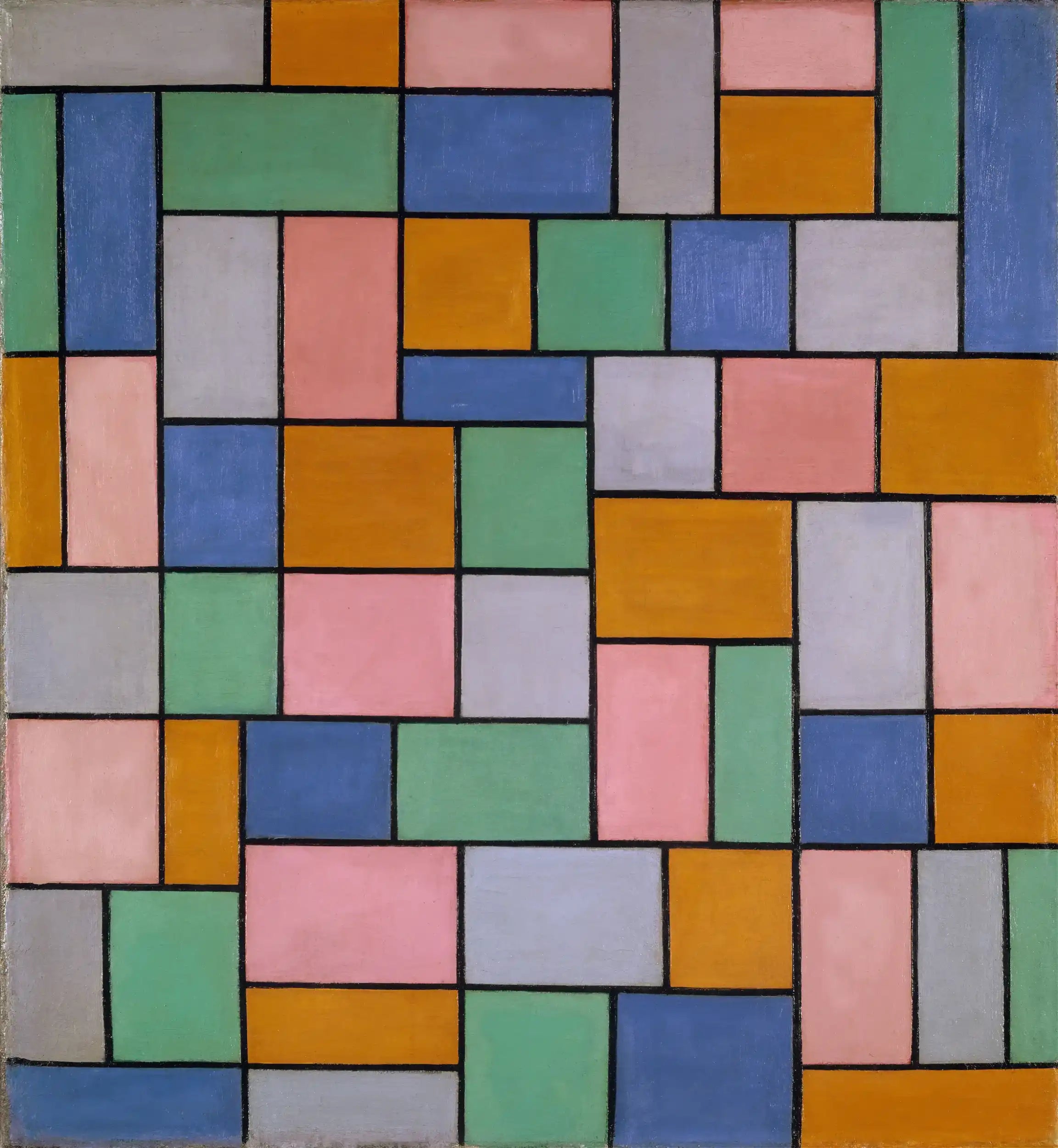 Abstract geometrisch schilderij met kleurrijke rechthoeken en zwarte lijnen.