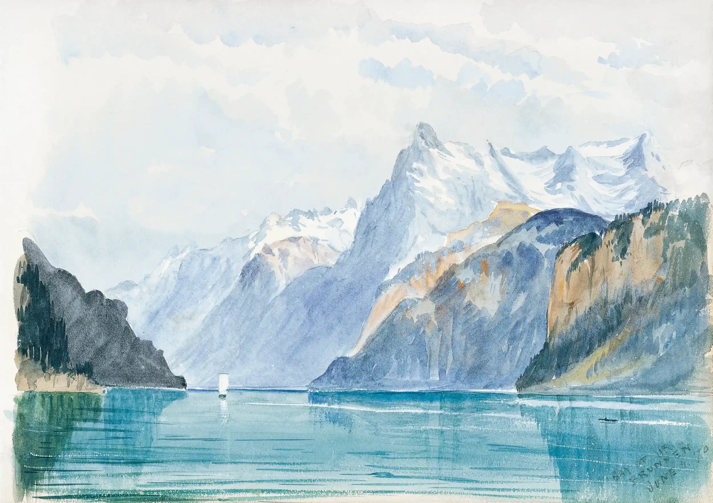 Aquarelschilderij van een bergmeer.