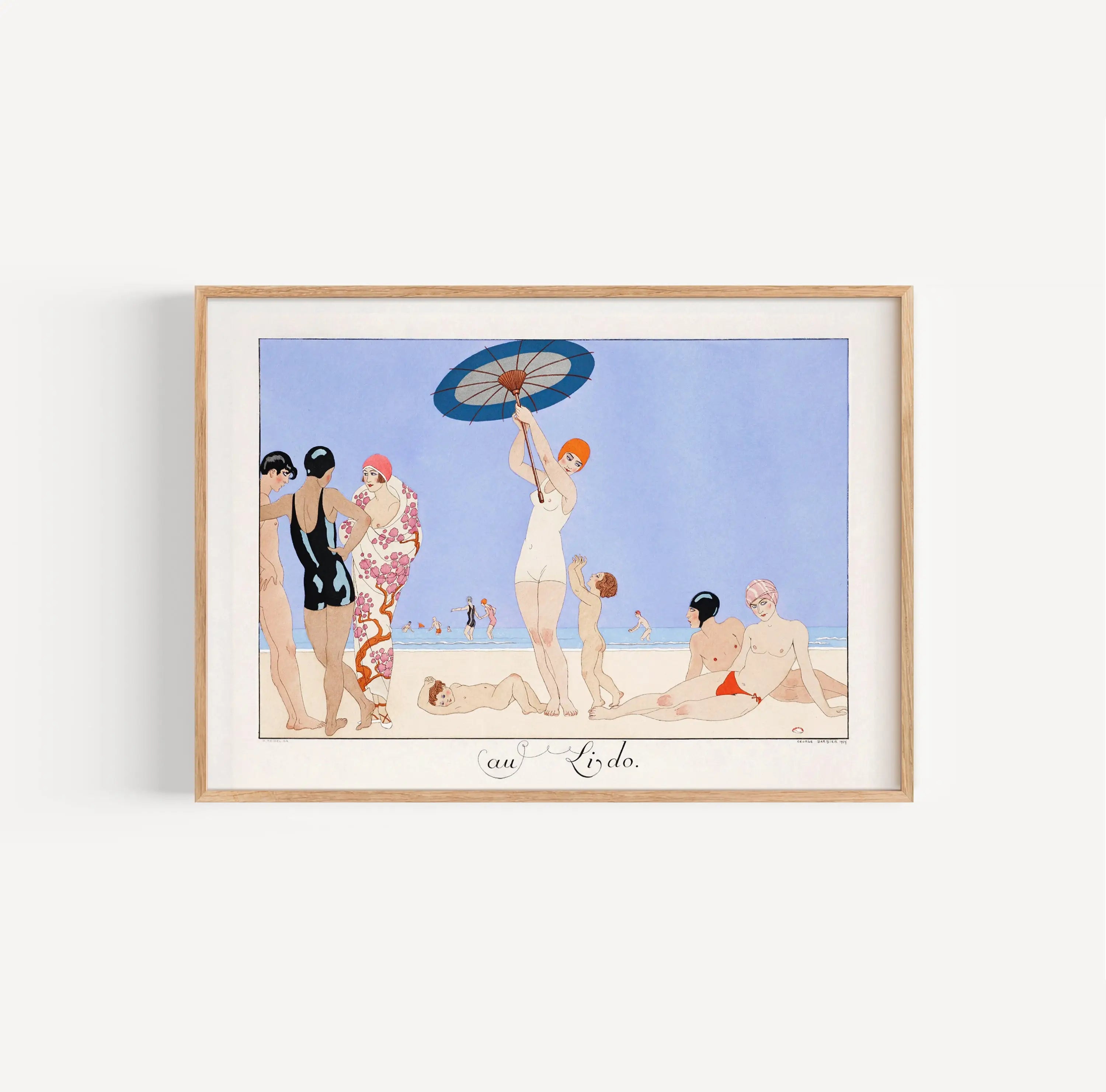 Gesekte poster van een strandscene voor deur met Georges Barbier kunstwerk