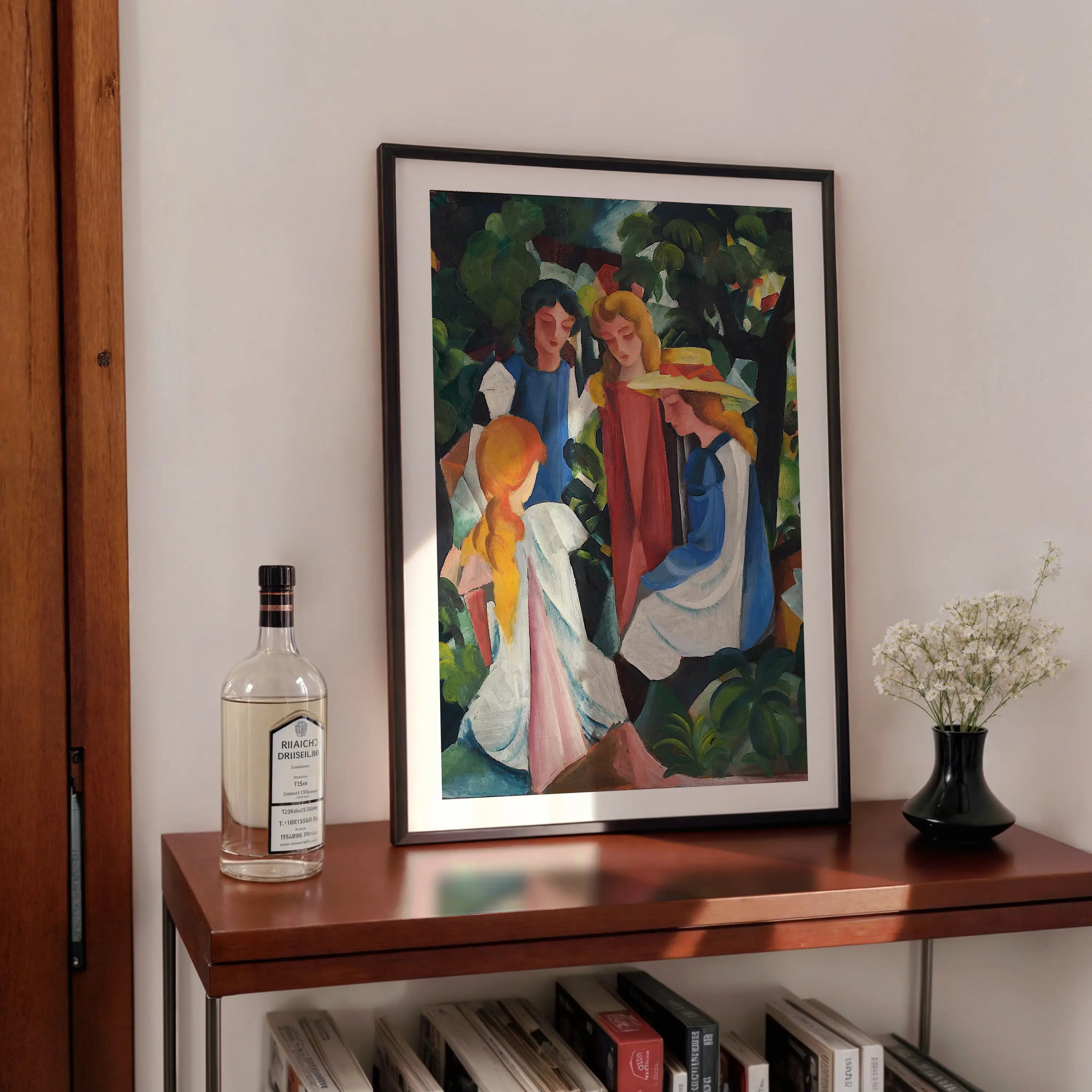Geplaatst schilderij van vier vrouwen in een tuin voor de August Macke Four Girls Poster