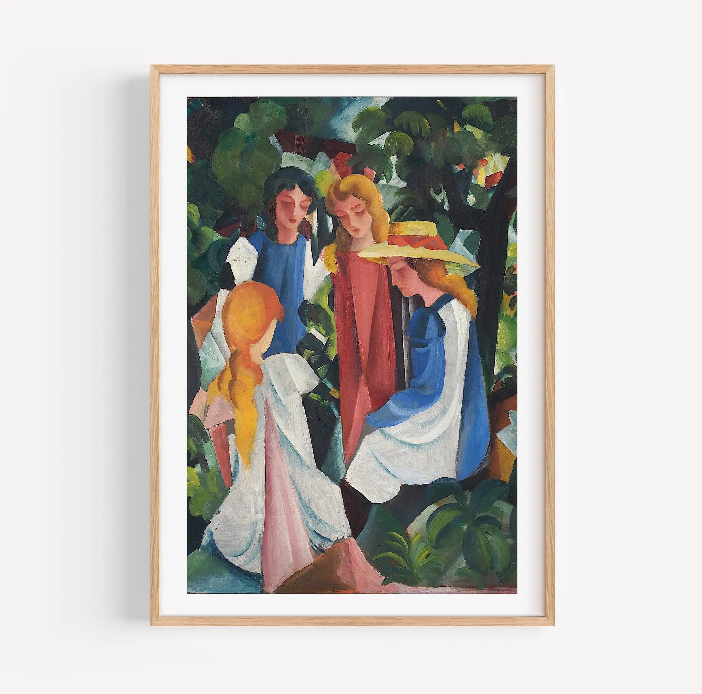 Geframereerde poster van vier vrouwen in een tuin door August Macke