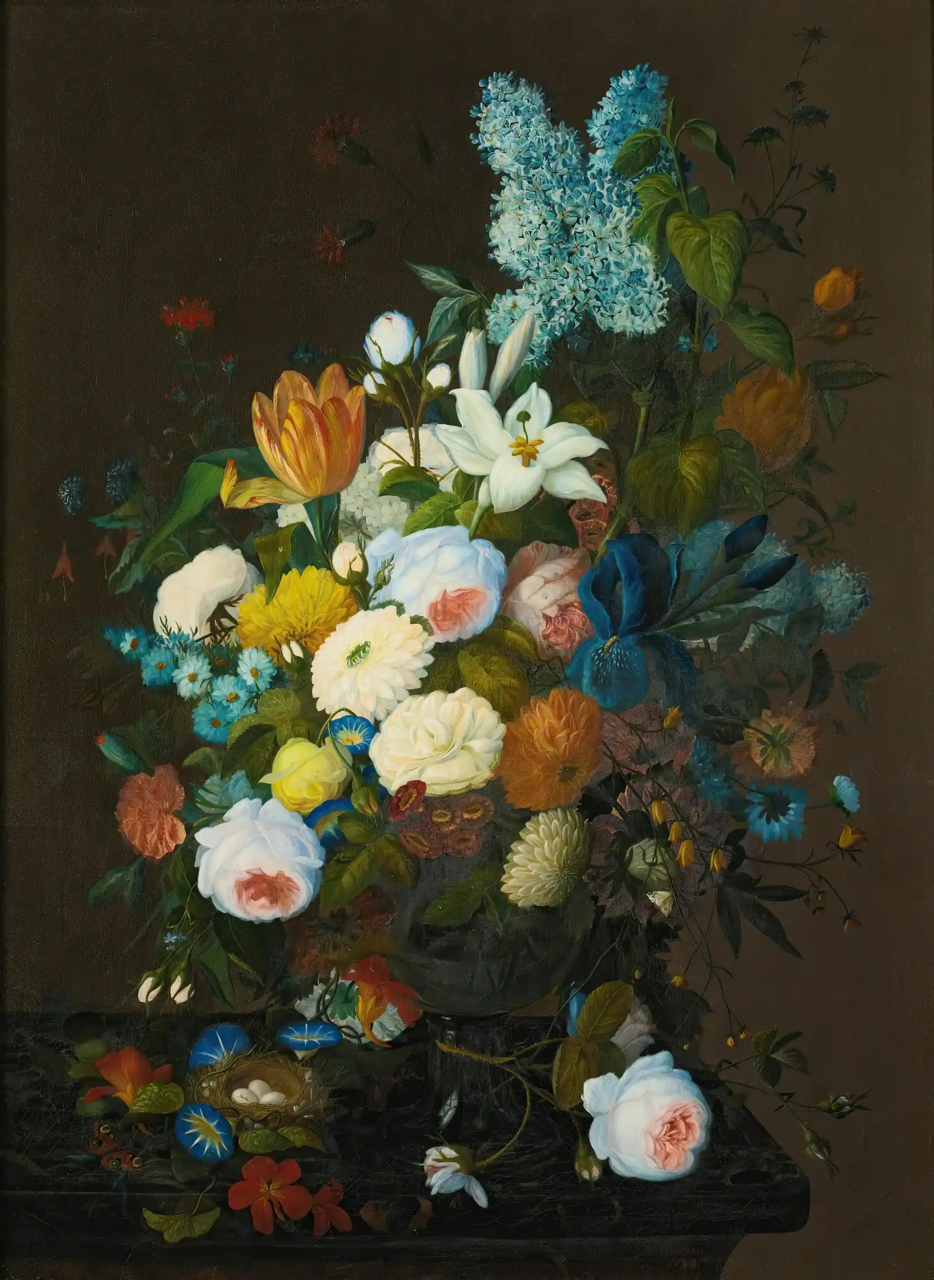 Bloemstilleven met vogelnest.