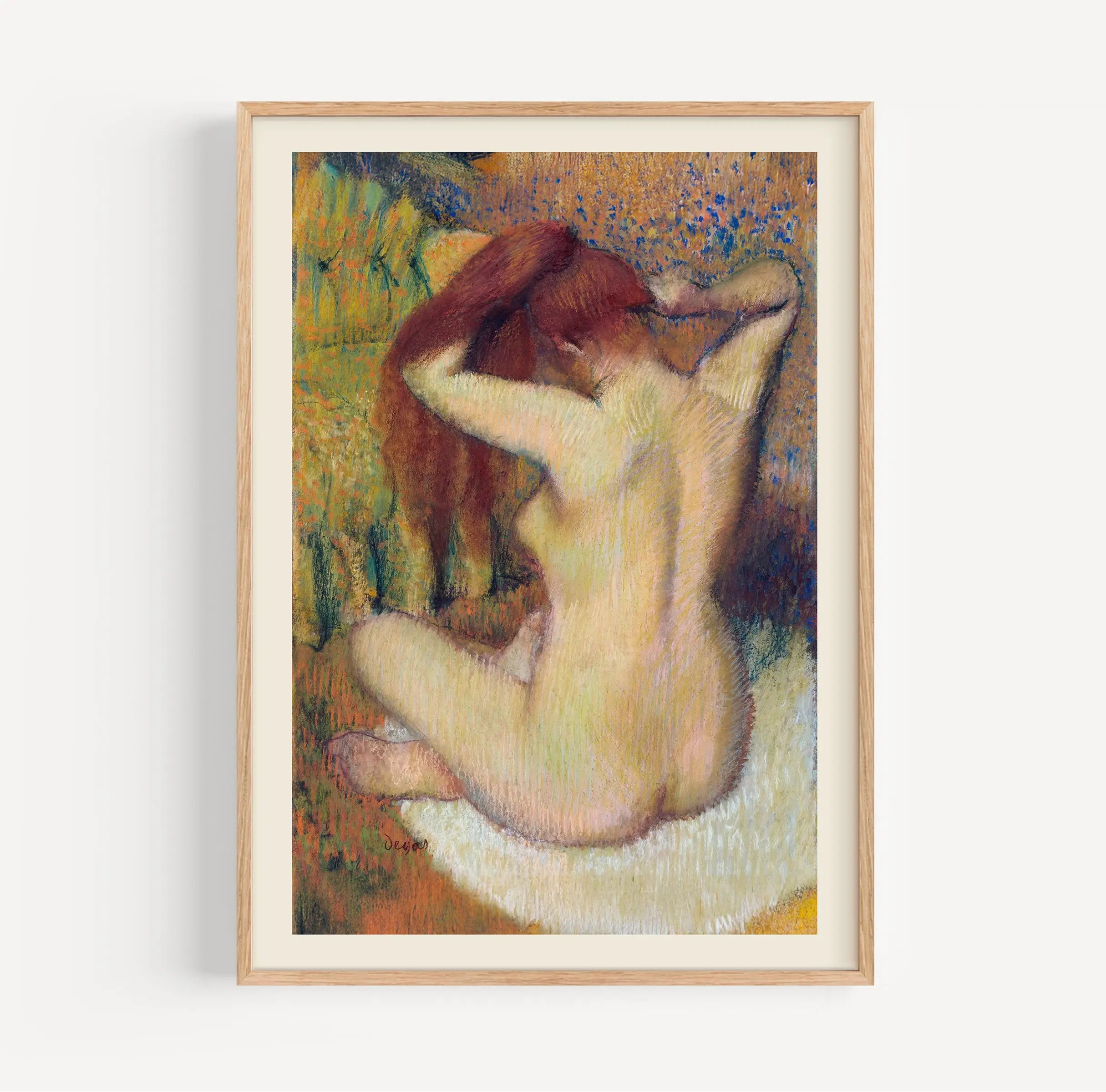 Geframereerde impressionistische naakt van Degas Woman Combing Her Hair Poster