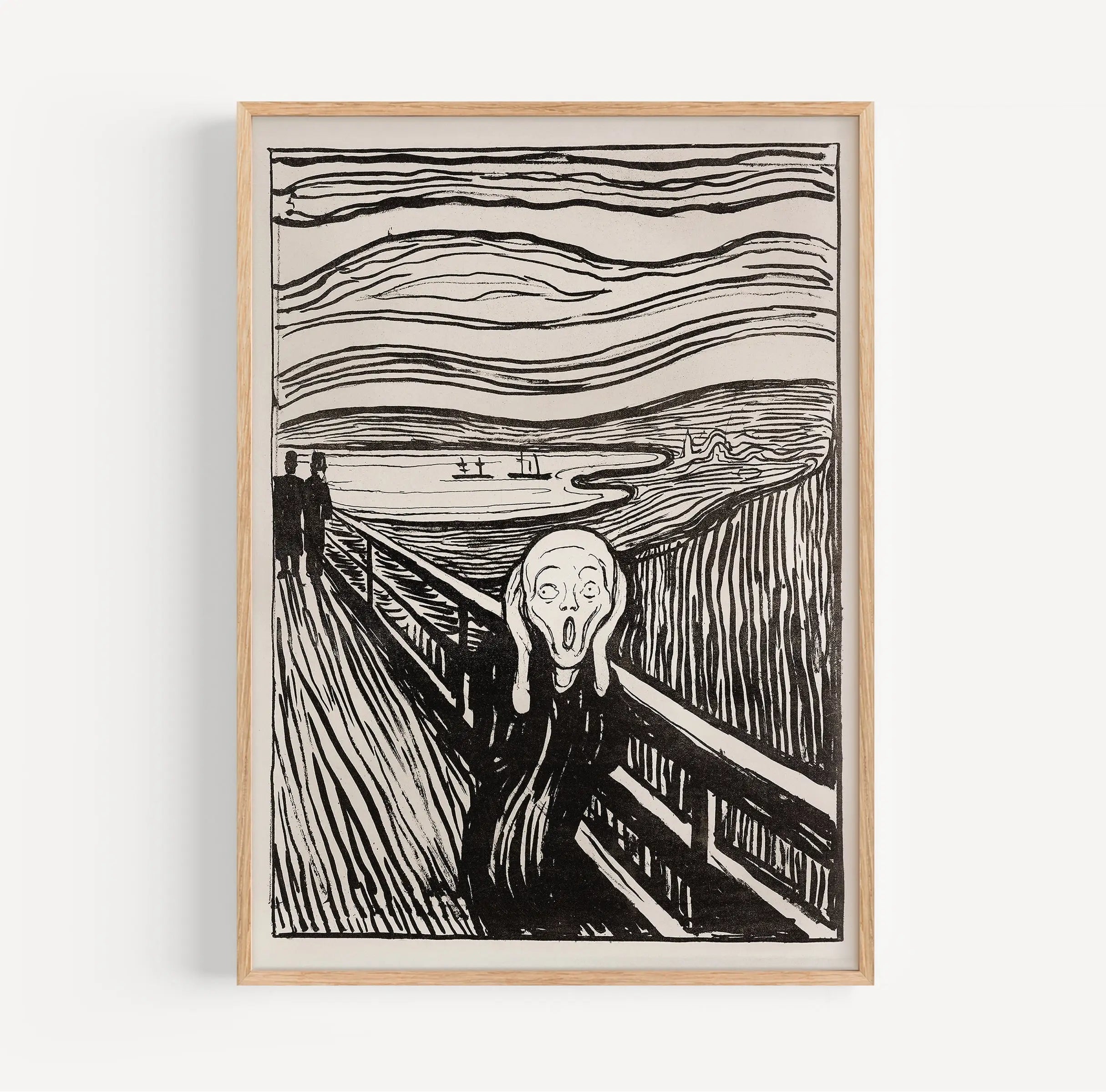 Framed zwart-wit The Scream poster van Edvard Munch op een witte muur
